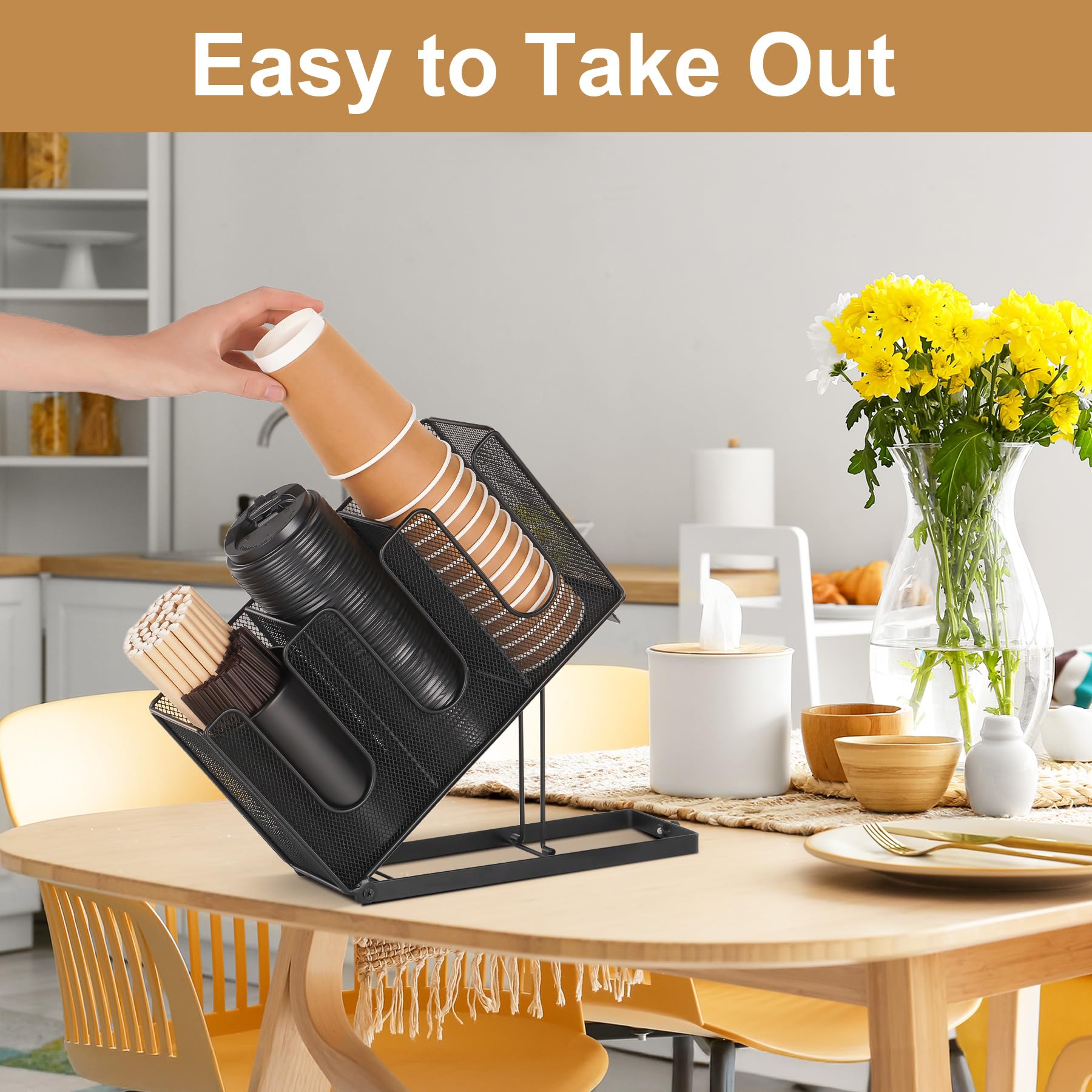 Porta tazze di carta e coperchio, porta tazze da caffè usa e getta con organizer per cannucce, dispenser per tazze da caffè in metallo, per piano di lavoro, caffetteria, bar, ristorante,