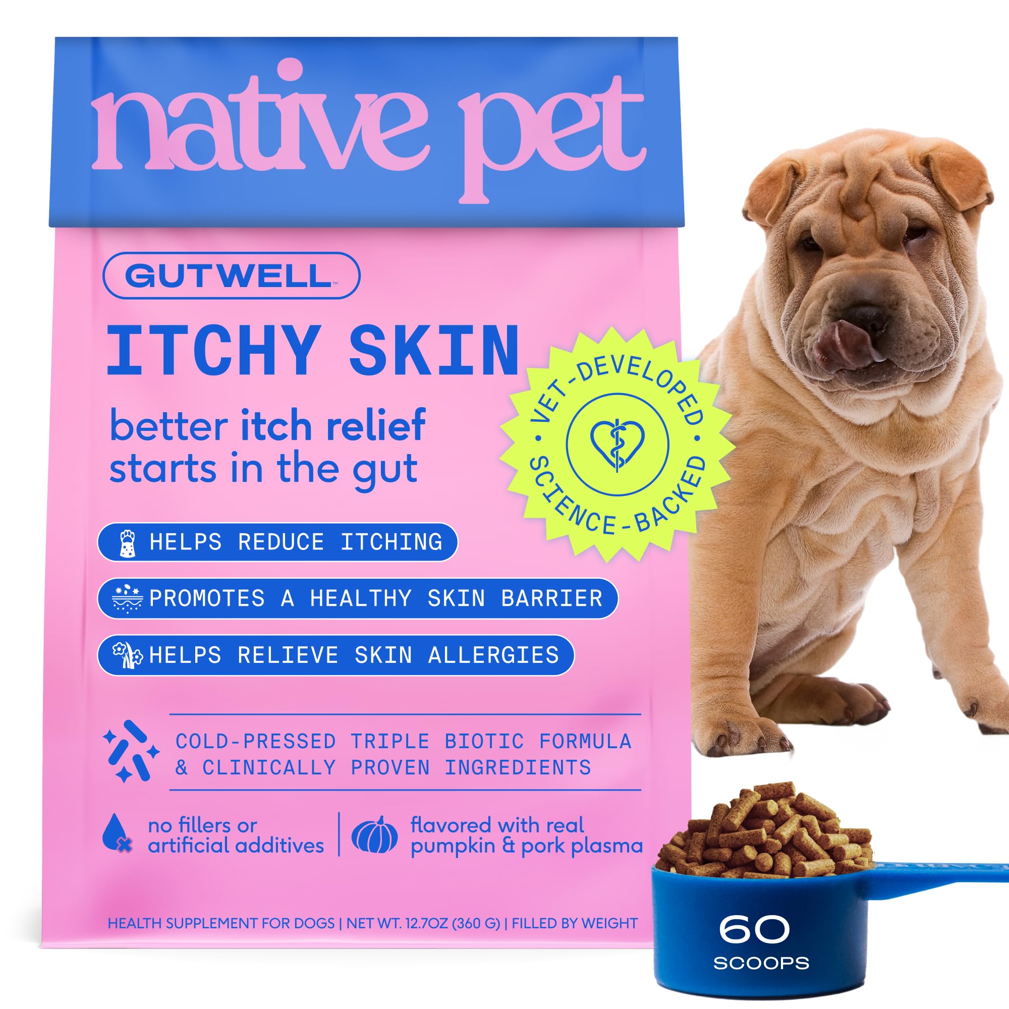 GutWell Itchy Skin - Dog Itching Skin Relief & Seasonal Allergy Itch Relief for Dogs - Promotes Skin Hydration, Elasticity & Healthy Barrier with