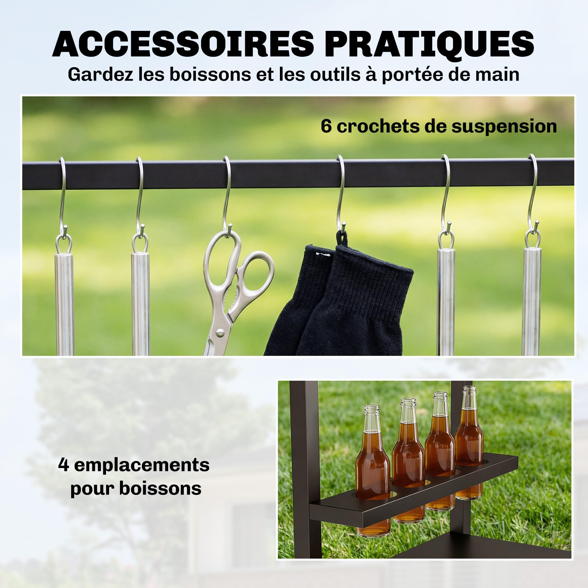 Outsunny Desserte jardin chariot barbecue 2 niveaux plateau métal aspect bois porte-boissons crochets 97x51x83 cm noir marron