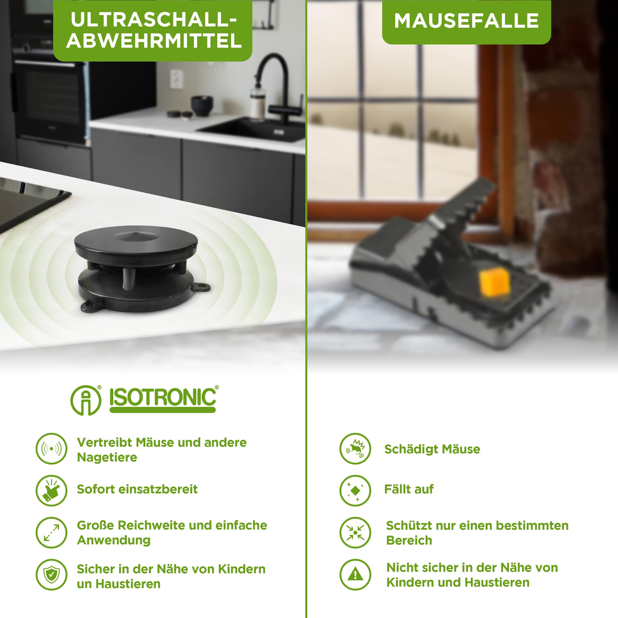 ISOTRONIC Mäuseschreck Marderabwehr Mobil 360°mit Ultraschall | für Haus, Garage, Dachboden | vertreibt Marder, Mäuse, Ratten, Siebenschläfer - 2 Stück