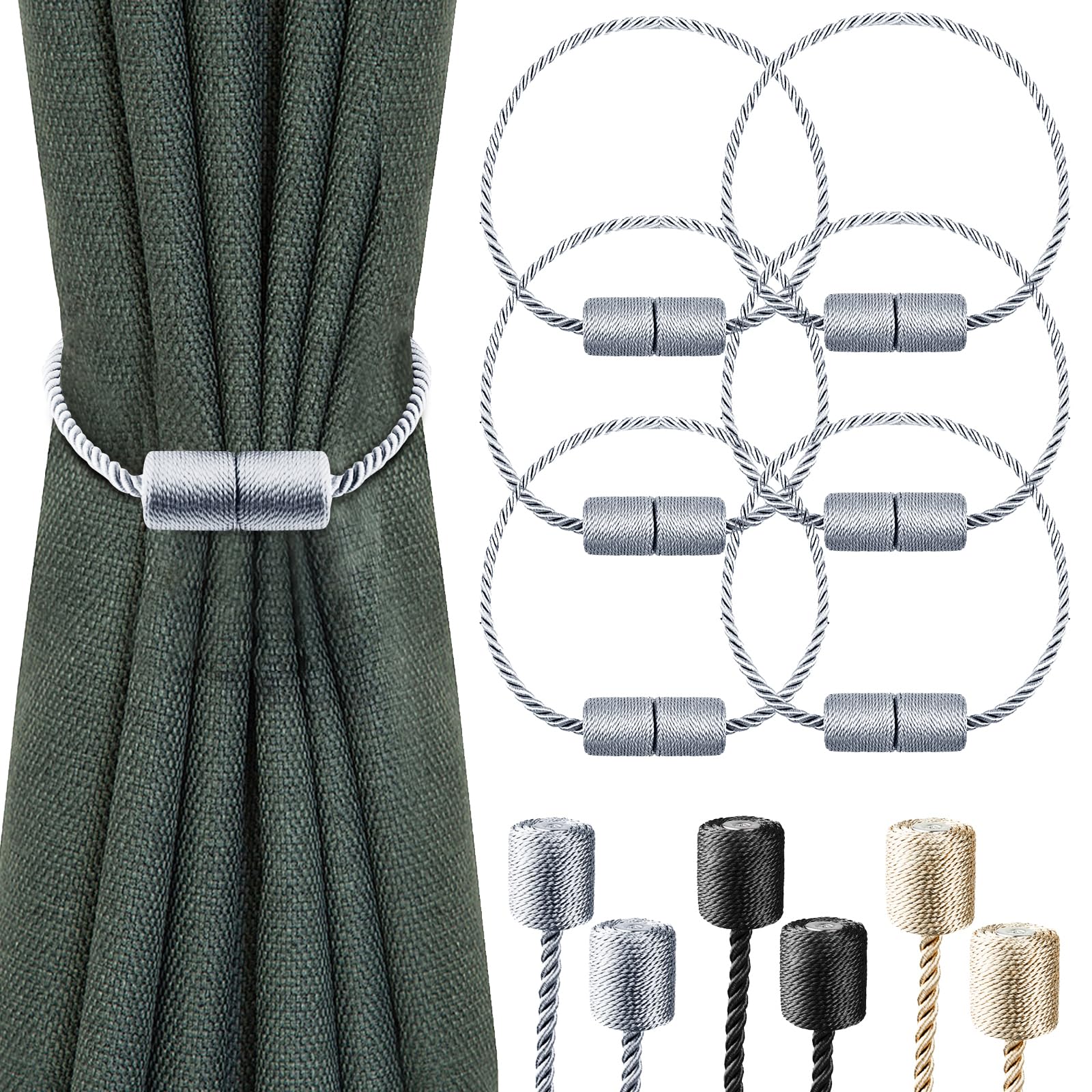 Milaloko 6-Pack Starke Magnetische Vorhang Tiebacks mit Dickeren Twist Seil Dekorative Krawatte Backs Holdbacks für Vorhänge Fenster Vorhang, Grau