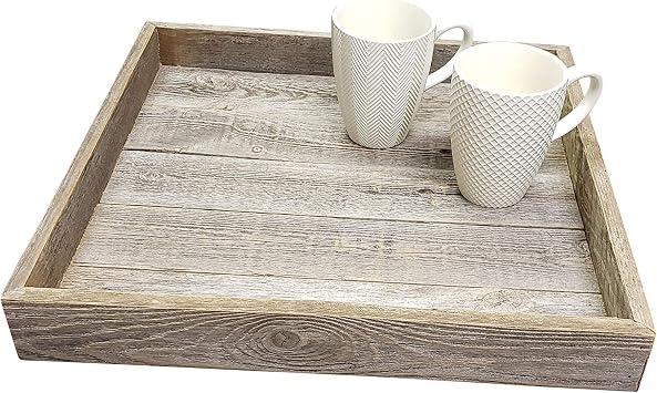 Rockin Wood Farmhouse Rustic Weathered Reclaimed Wood 18 x 18 Inch Square Ottoman Tray for Coffee Table or Kitchen Counter Decor