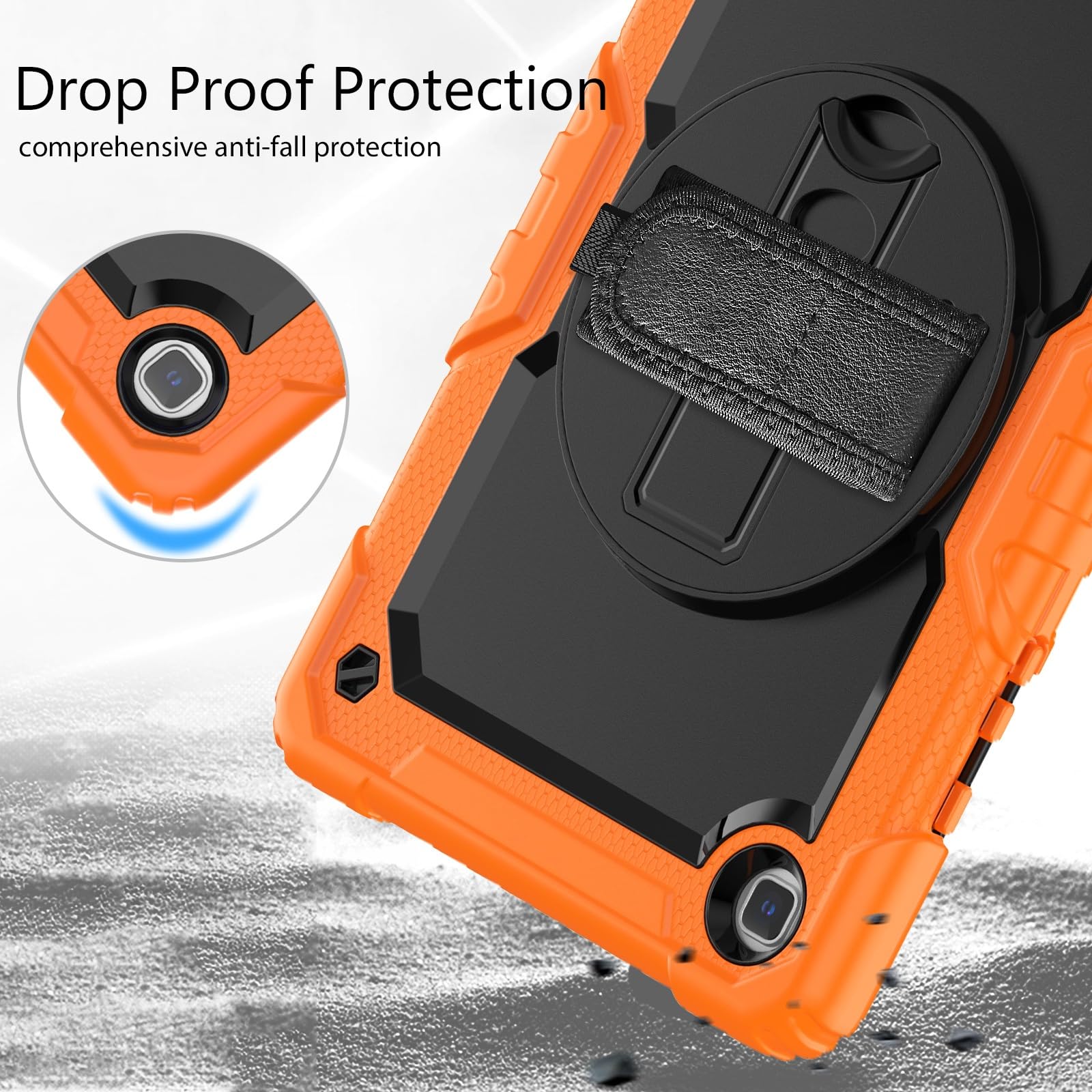 Kompatybilny z Samsung Galaxy Tab A7 10,4 cala SM-T500/T505 (2020) Etui folią ochronną ekranu, [podpórka] [pasek na ramię] Odporna wstrząsy wytrzymała obudowa 360° obrotowy pasek rękę i ramię(Orange)