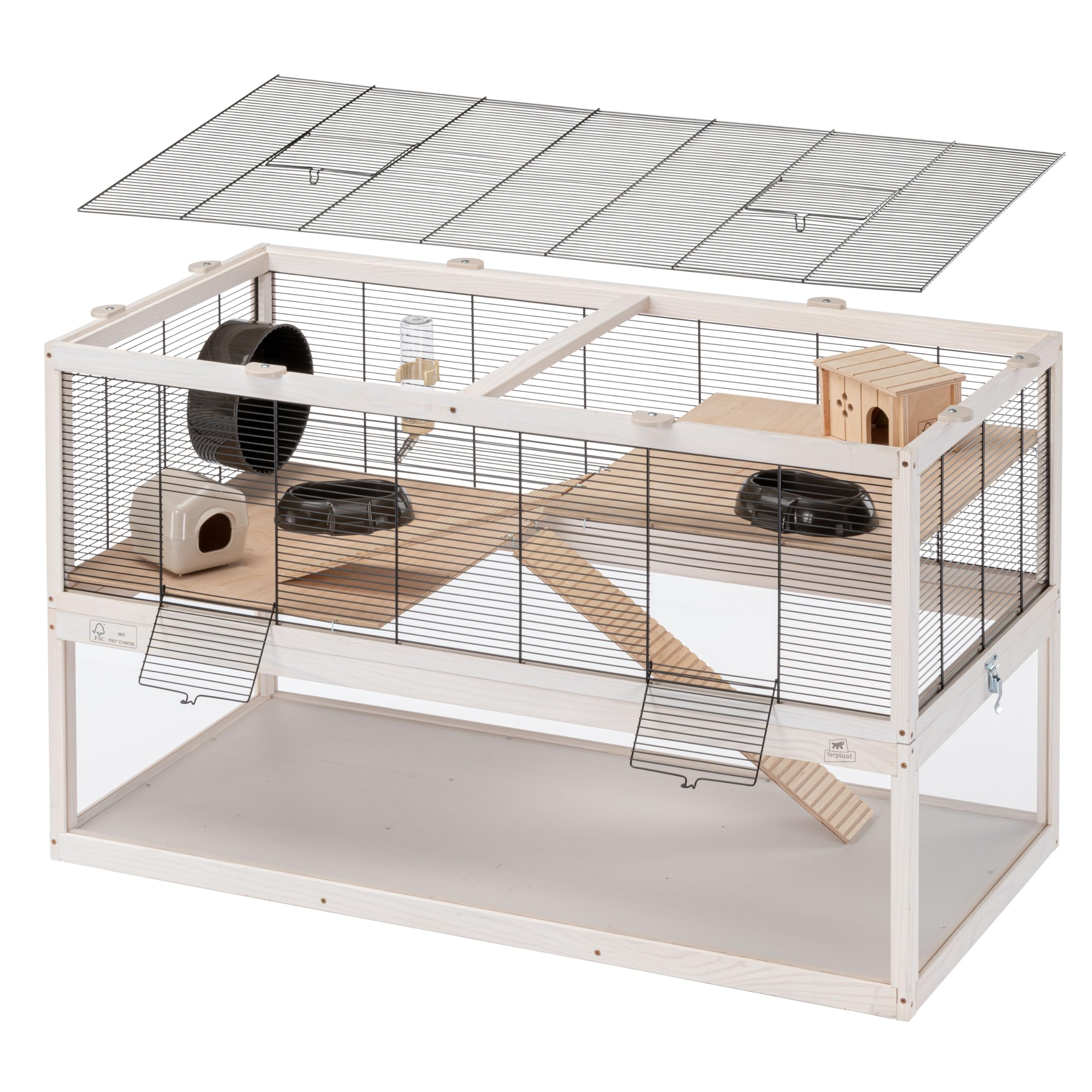 Ferplast Jaula Hámster DOMSTER, Jaula para Ratones, 3 Niveles, con Accesorios, Plataformas y Escaleras, Malla metálica y Madera FSC, Base Transparente, Jaula para Hámster de Madera 100 x 50 x h 61 cm