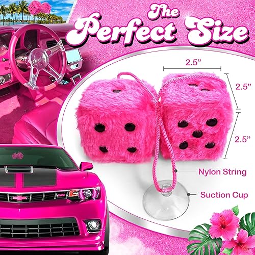 Miniatura 3 de Accesorios de automóvil de dados peludos rosados  Accesorios de coche de felpa para interior  Decoración de adorno colgante de espejo retrovisor de