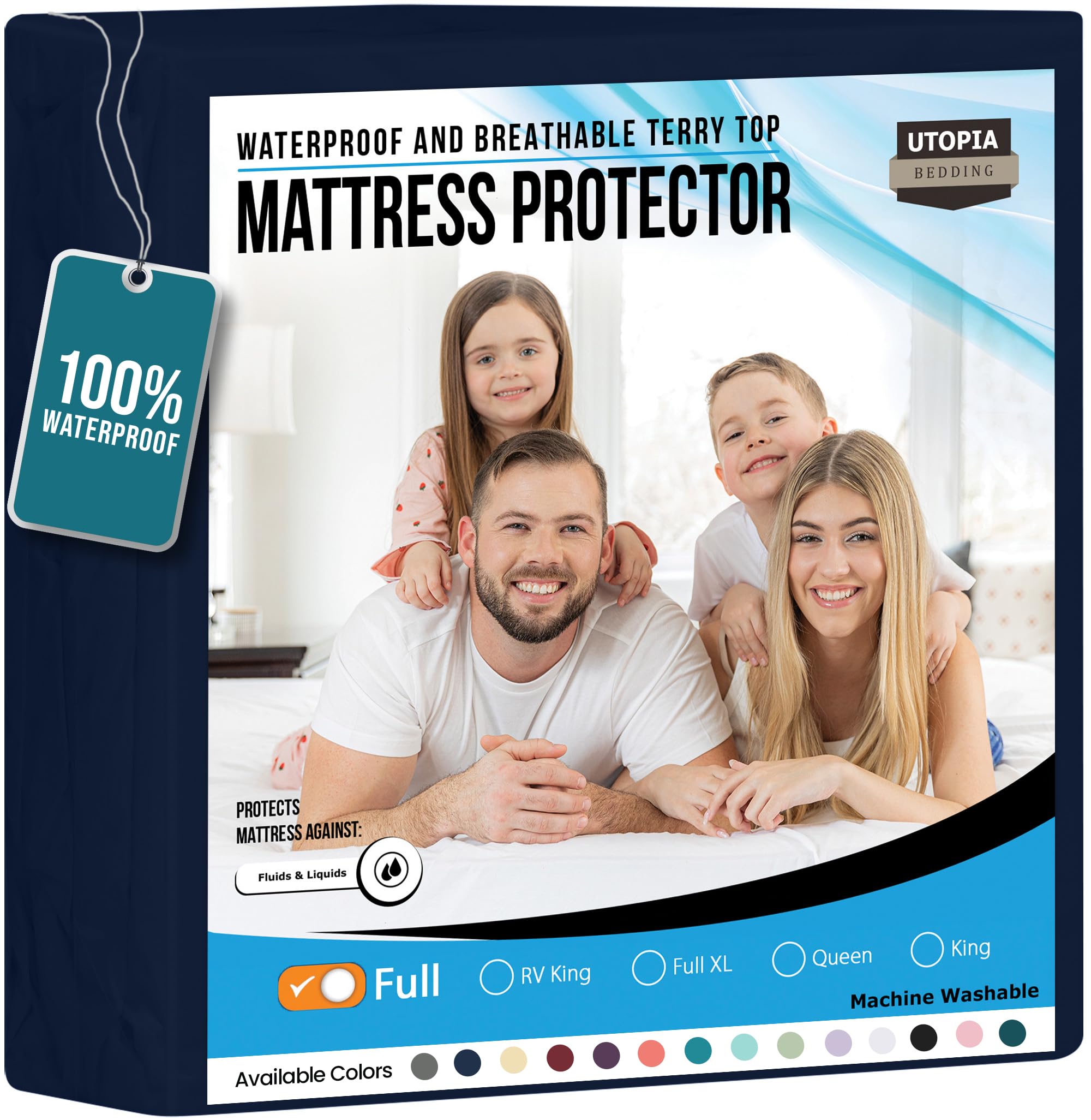 Utopia Bedding Premium Waterproof Terry Mattress Protector Full 200 GSM, Mattress Cover, Breathable, Fitted Style with Stretchable Pockets (Navy)