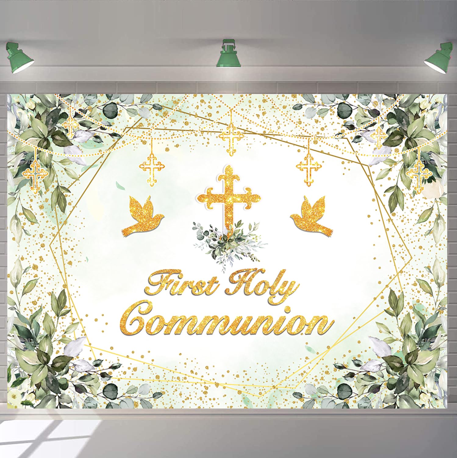 Fond de première communion, fond vert pour le baptême, bénédiction divine, croix dorée, feuilles vertes, fête de bébé neutre, décoration, fond (240 x 180 cm)