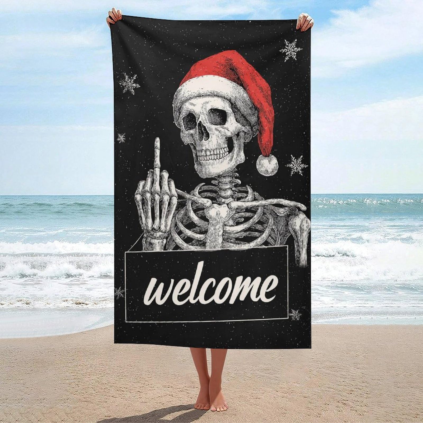 asbwuo Skeleton Wearing Santa Hat Welcome Beach Towel