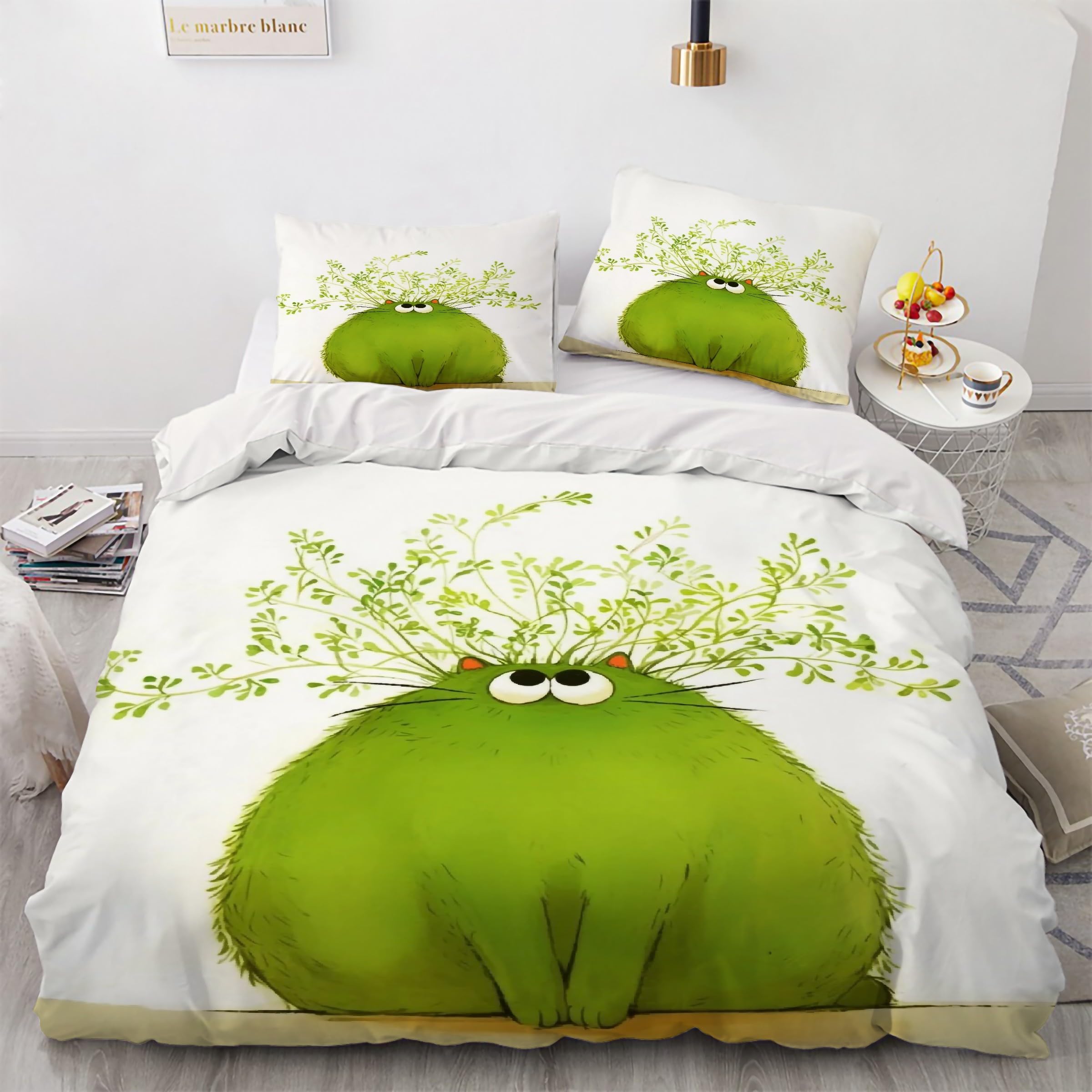 Housse de Couette Chat 200x200 Parure de Lit Verte 3 Pièces avec Taies