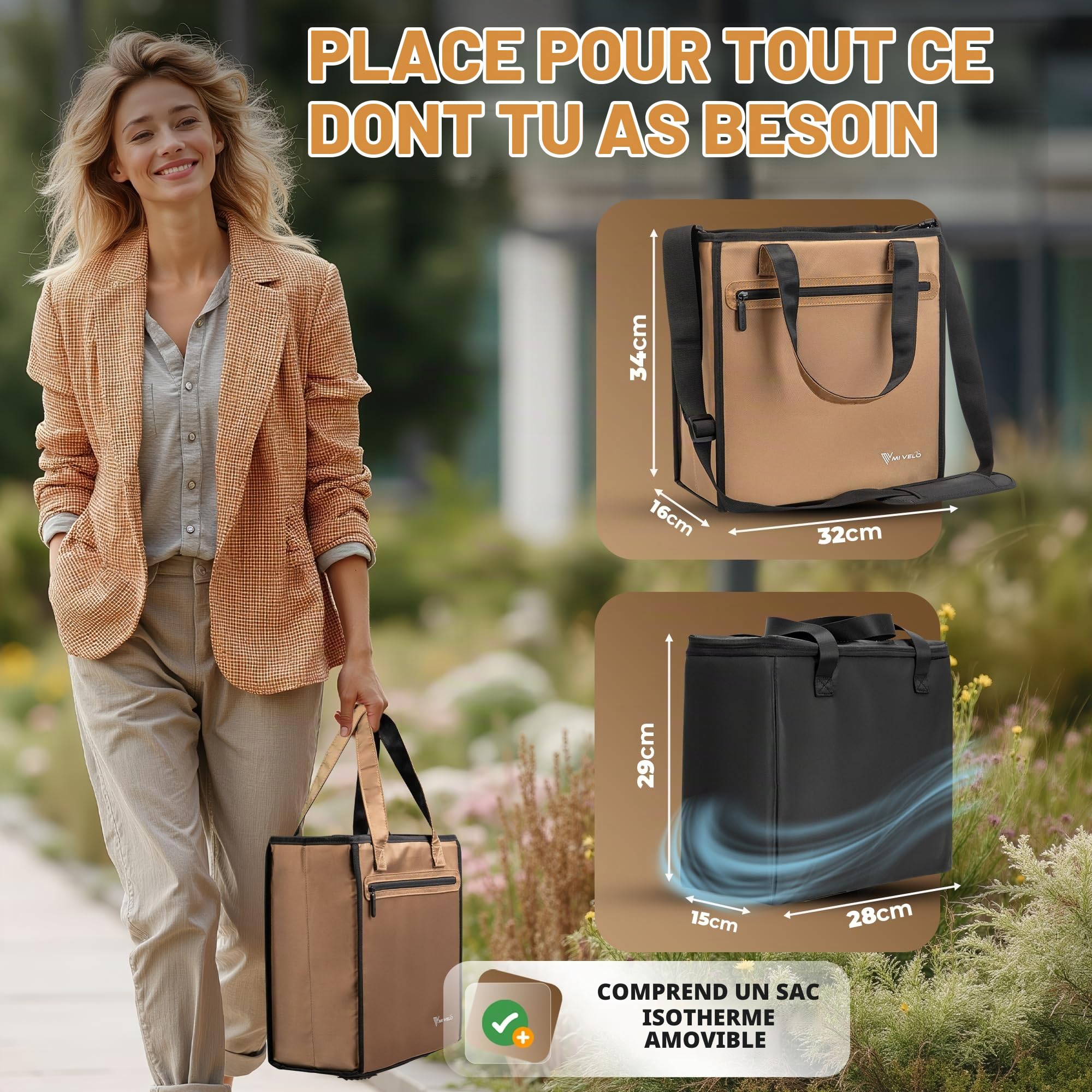 MIVELO Sacoche de vélo pour porte-bagages - Sac de courses pour vélo Shopper - Sacoche de porte-bagages avec sac isotherme amovible - Sac de rangement, sac de transport et sac à bandoulière - 25 l