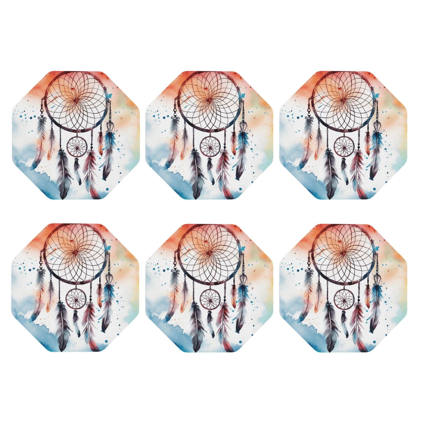 6pcs Leather Coasters for Drinks, Watercolor Dream Catcher Drink Coasters for Tabletop Protection, 4" Cup Coasters for Coffee Table Decor, Non-Slip Drinking Cup Mat for Hot Or Cold Drink