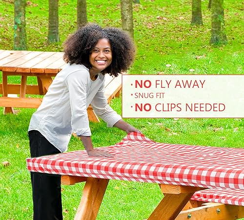 Miniatura 10 de LINPRO Funda de mesa de picnic de 6 pies con fundas de banco, cubiertas de vinilo ajustables para mesa de picnic con artículos esenciales de
