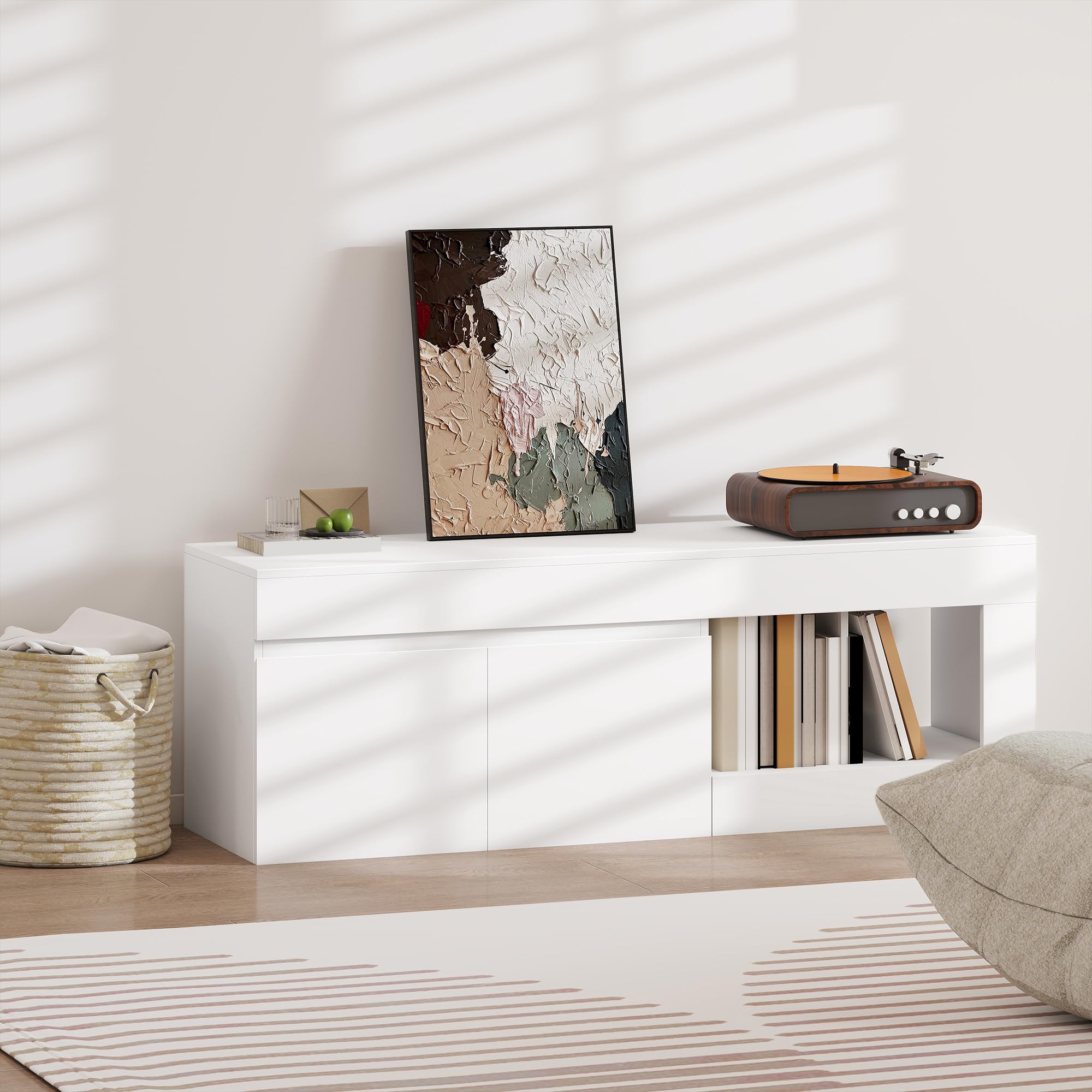 HOMCOM Mueble de TV Moderno con 2 Puertas 140x40x48 cm Blanco | Mesa de TV para Salón, Estante Abierto, para Televisión 60 Pulgadas