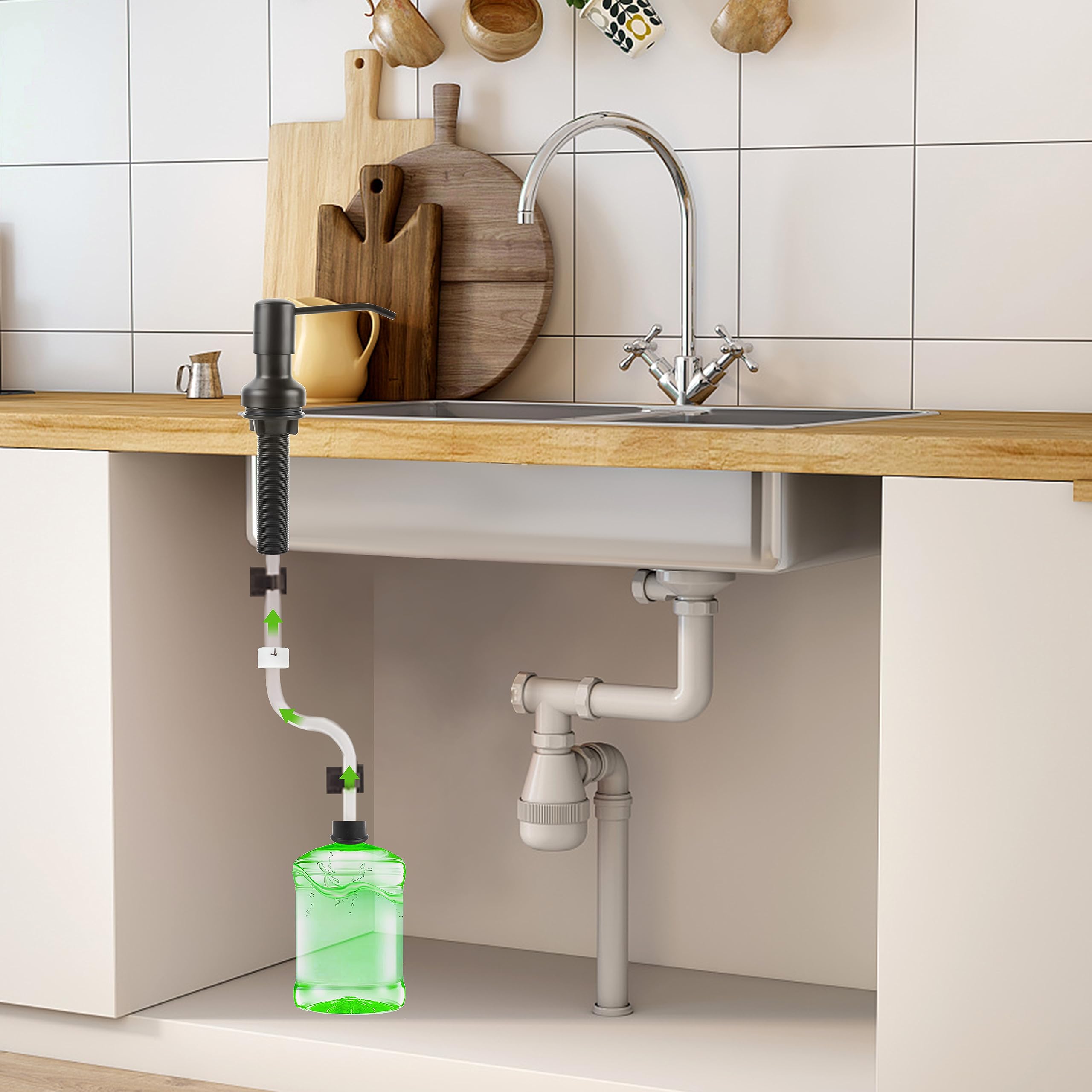 Dispensador de jabón para fregadero de cocina, dispensador de jabón con vástago roscado más largo, tubo de extensión de 47 pulgadas que se conecta directamente al recipiente de jabón de platos, base