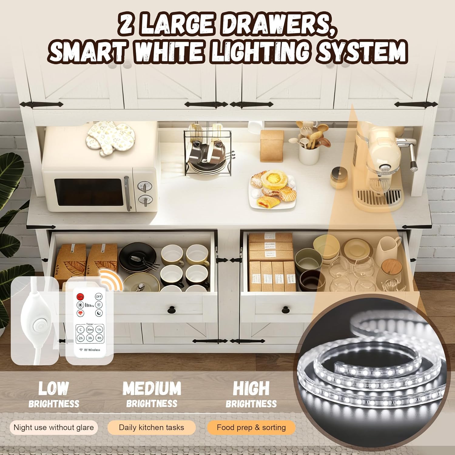 71" Tall Large Pantry Storage Cabinet w/Power Outlet,55" Wide Farmhouse Kitchen Hutch Storage Cabinet w/Barn Doors,2 Drawer,Large Countertop,LED Light,Rustic Coffee Bar,6 Hooks,8 Doors Shelves,White