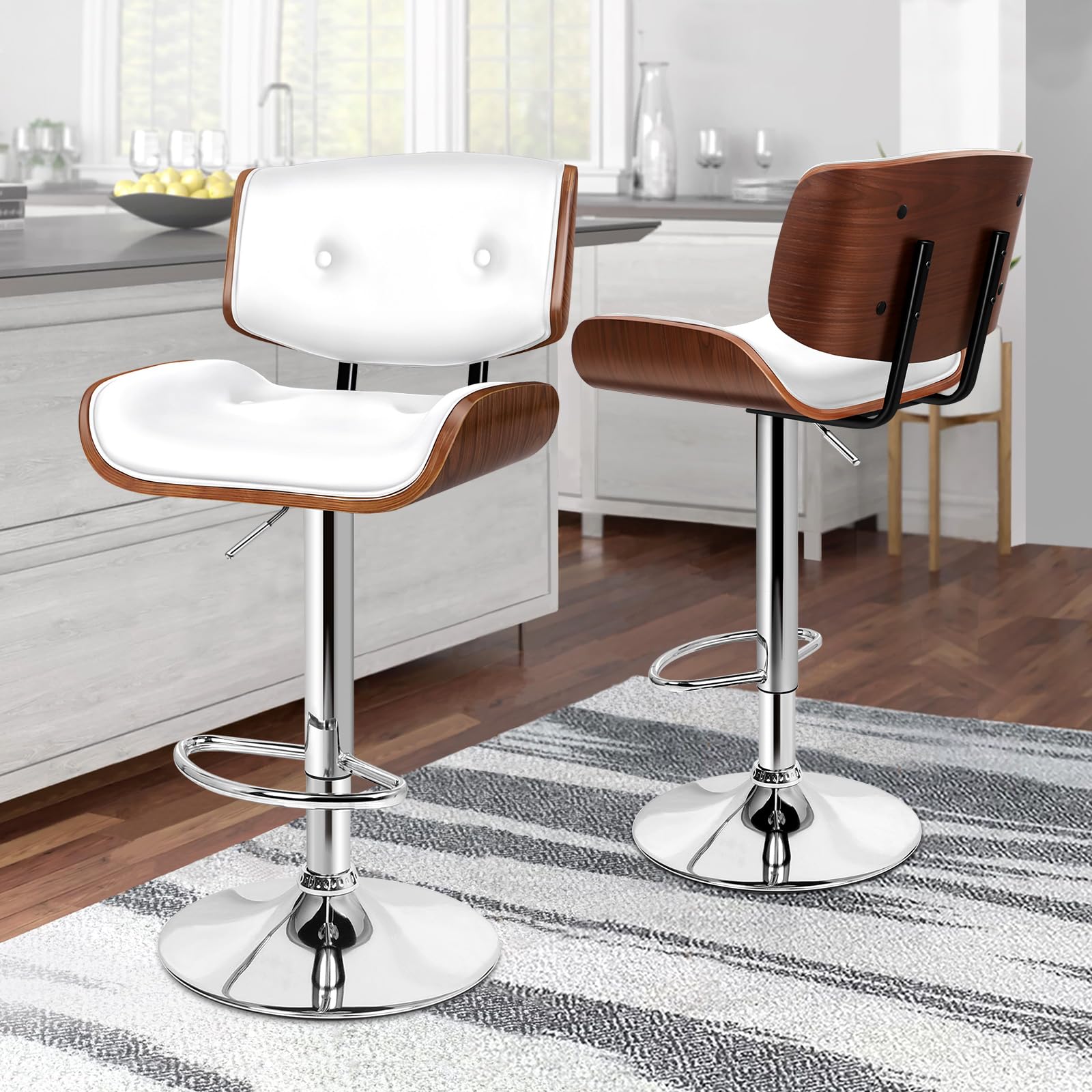 ALFORDSON Bar Stools Set of 2, Wooden Breakfast Stool with Back, 360° Swivel PU Leather Kitchen Barstools with Footrest, Height Adjustable Armless Counter Chairs for Home Bar, Kitchen Island, White