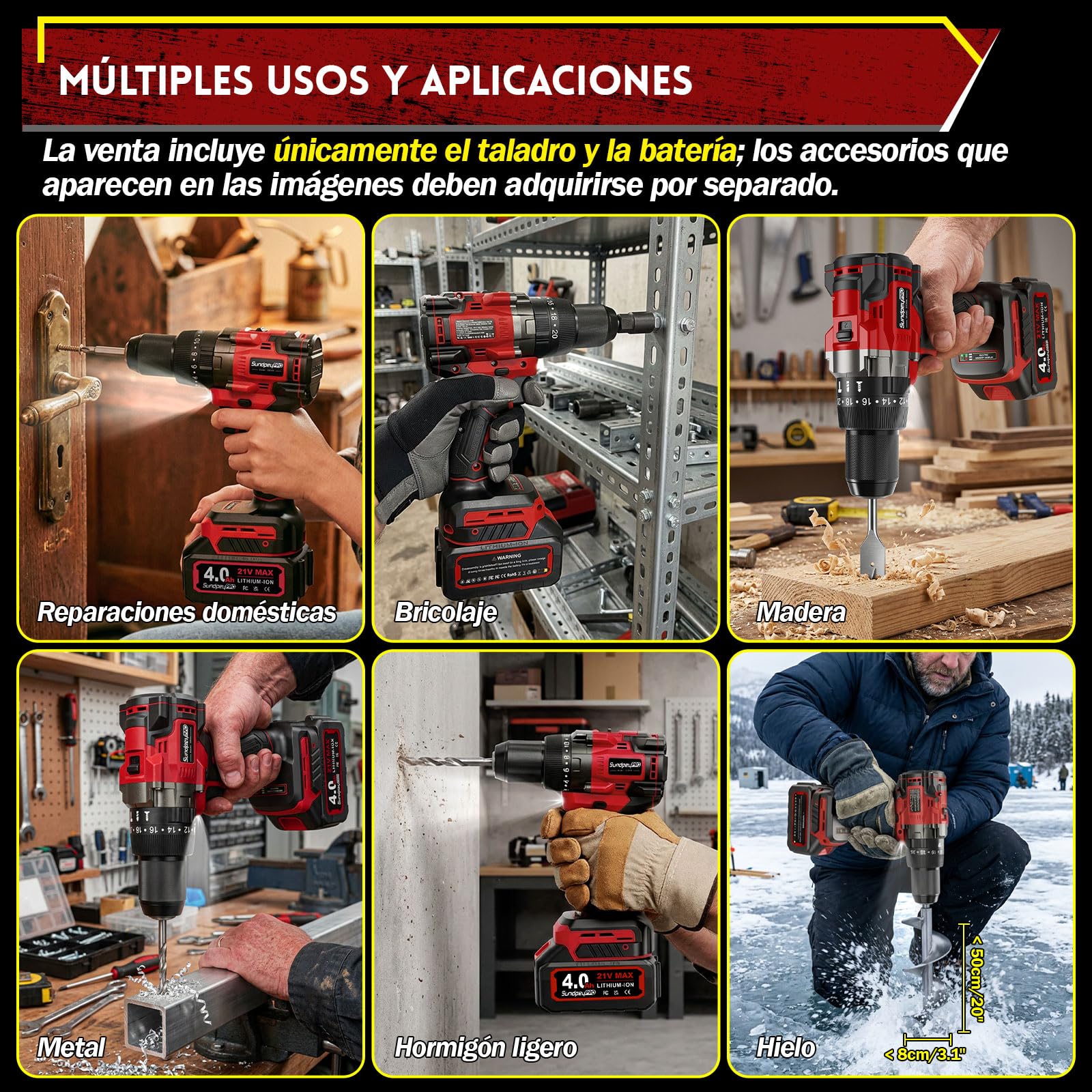 130Nm Taladro Percutor a Bateria - 21V Brushless Taladro Atornillador Batería 4,0Ah, 850W, 20+3 Ajustes de Par, Mandril Todo Metal de 13mm, 2 Velocidades, Luz LED Para Hogar, Bricolaje