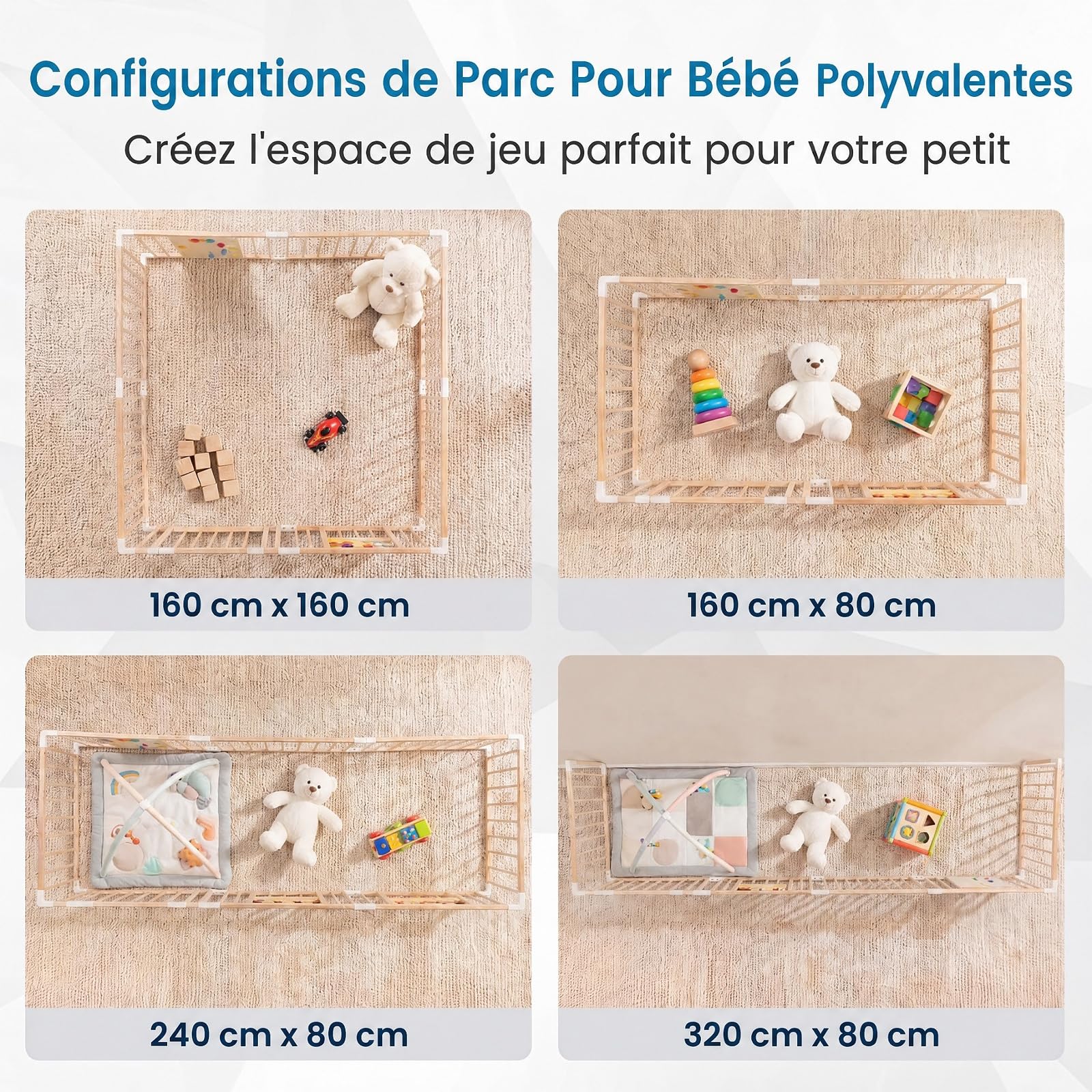 RELAX4LIFE Parc Bébé en Bois Pliable Montessori, Barrière de Sécurité 8 PCS | en Bois Non Peint avec Panneau d'Activités, Portillon de Sécurité, Barreaux Écartés 6cm, Gain de Place, 160x160cm