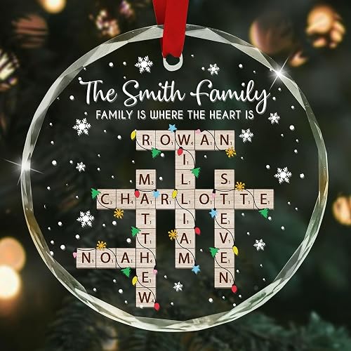 Personalized Family Crossword Puzzle Art Christmas Ornament, Custom Letter Glass