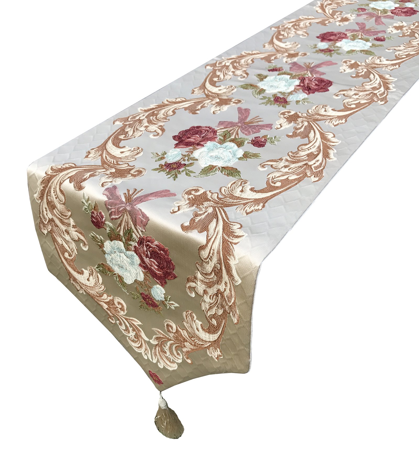 MAGILONA Home Tablecover Kitchen Decorative Luxurious Cotton Linen Embroidered 3D Floral Pattern Table Runner Tassel Dining Wedding Party 13x83 in (Coffee)