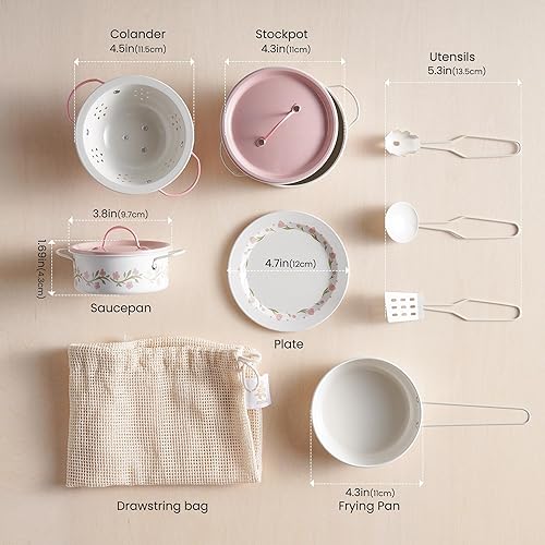 Vista 2 de ROBOTIME - Juego de ollas y sartenes de juguete para niños – 9 piezas de accesorios de cocina de juguete con utensilios de cocina de metal y bolsa