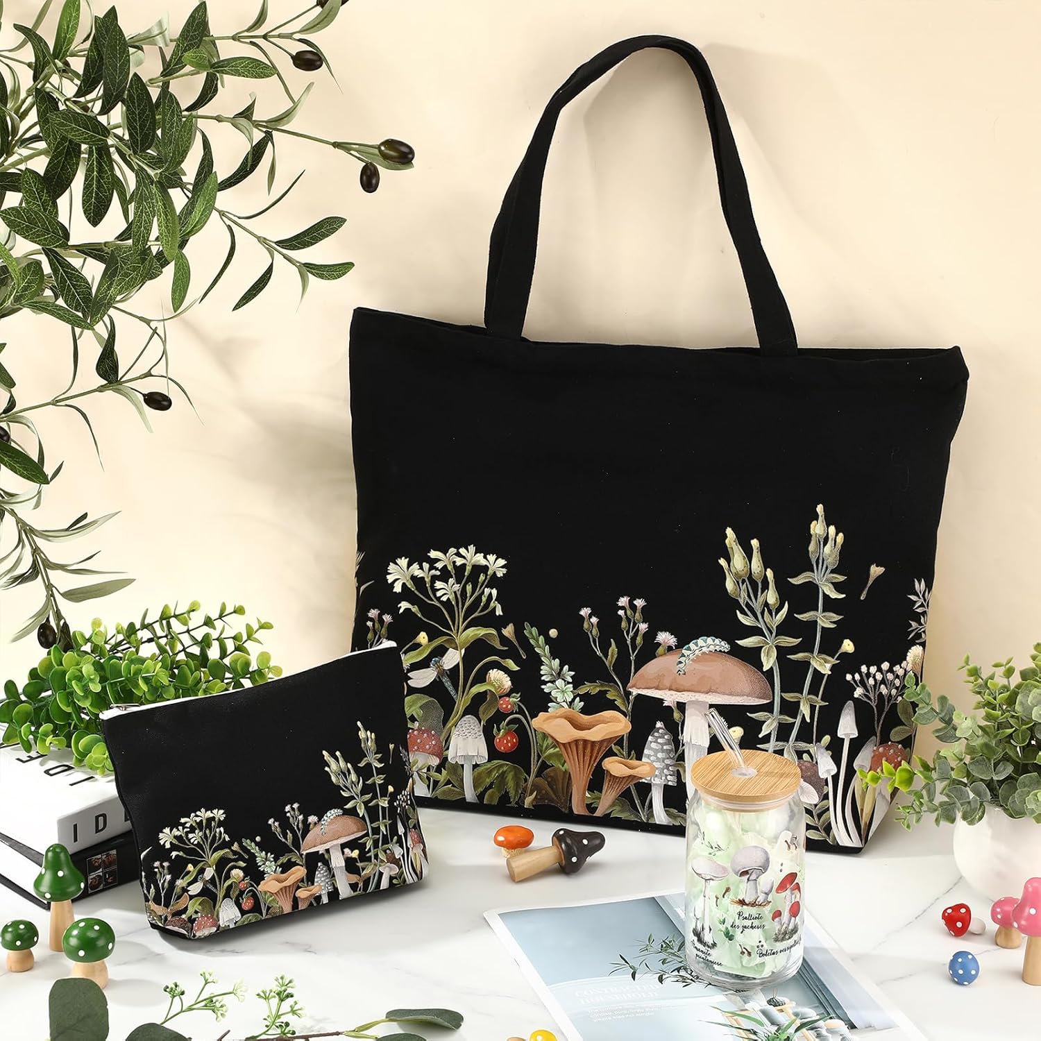 3 Pcs Plant Lover Gifts Spring Aesthetic Valentines Gifts for Women Mom Grandma, Floral Canvas Tote Bag, 16 oz Coffee Cup with Straw Lid, Makeup Bag for Baby Shower, Wedding(Black,Mushroom) - Image 4