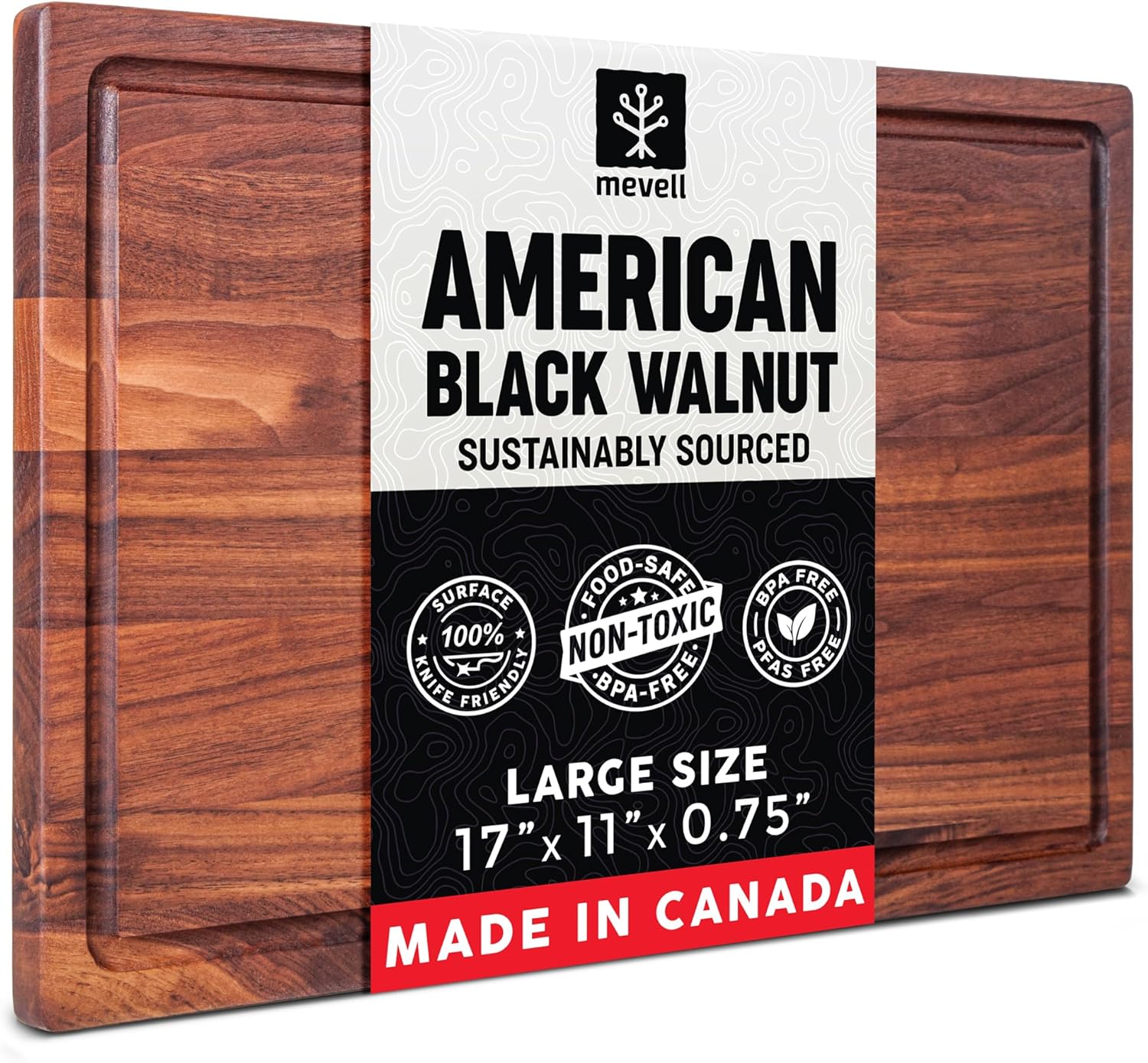 Walnut Wood Cutting Board for Kitchen, Reversible Wooden Cutting Board With Juice Grooves - Chopping Board, Charcuterie Serving Tray Made in Canada (Walnut, 17x11x0.75)