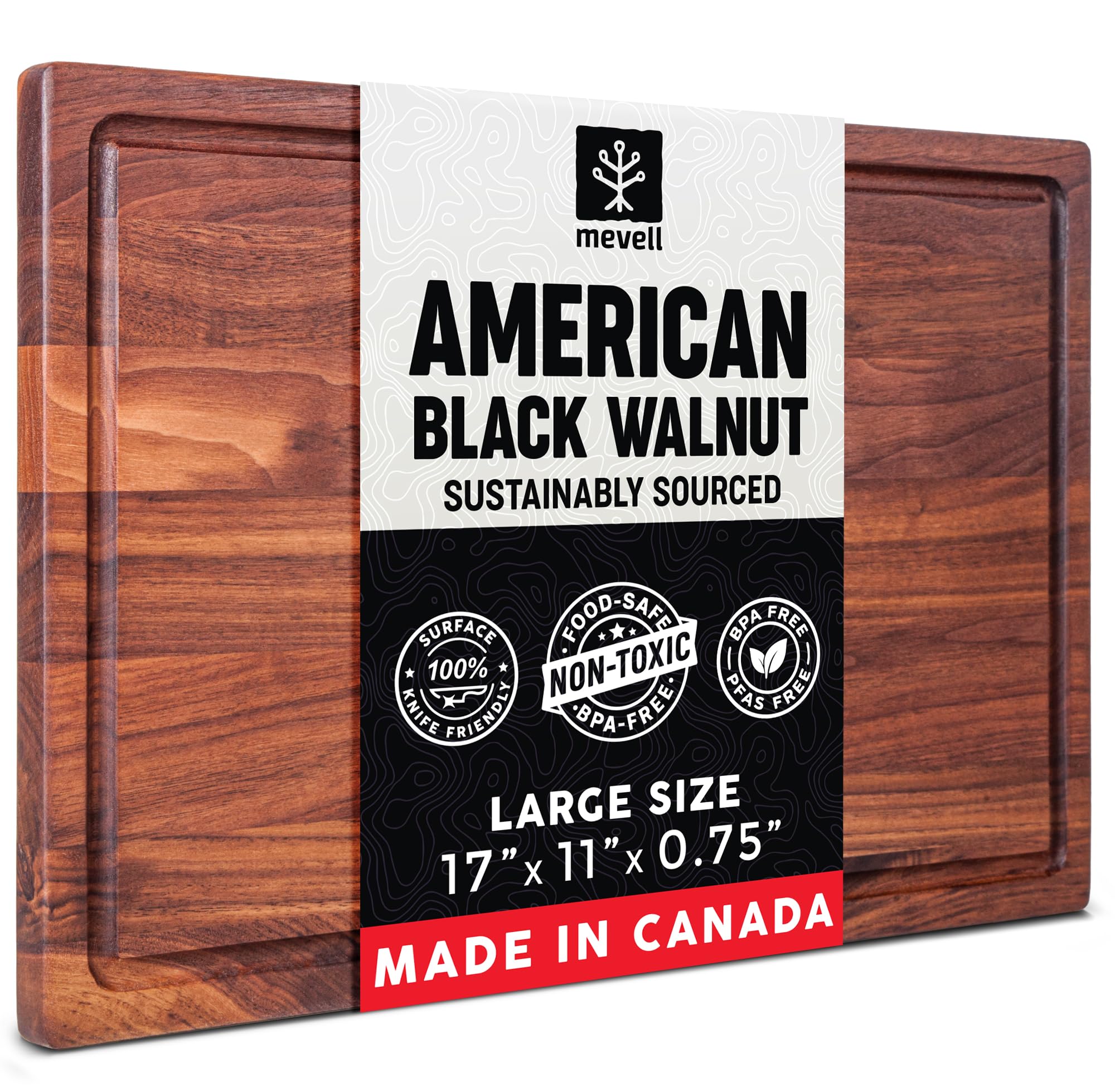 Walnut Wood Cutting Board for Kitchen, Reversible Wooden Chopping Board with Juice Grooves, Made in USA (Walnut, 17x11x0.75)