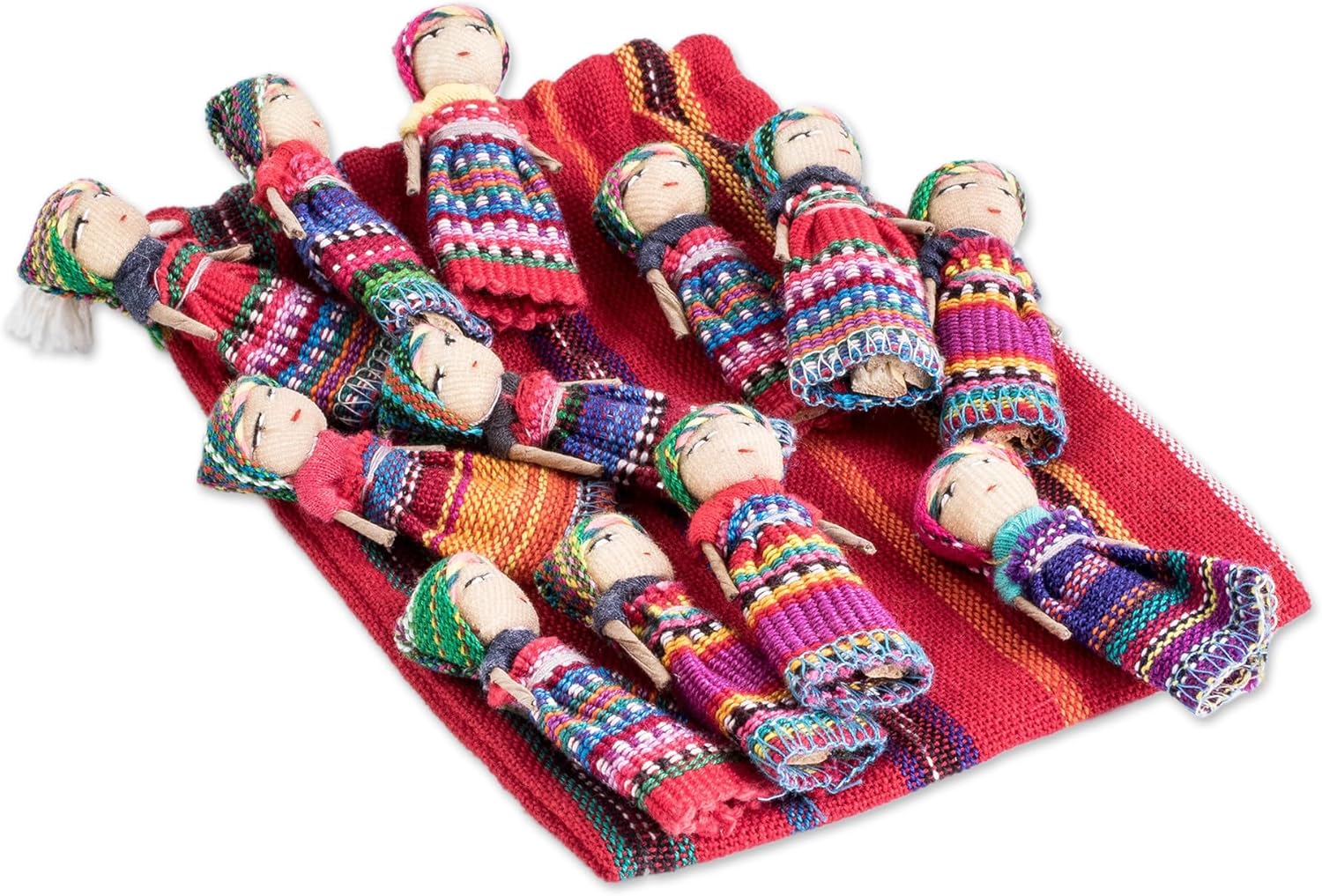 NOVICA Traditional Handmade Worry Dolls From Guatemala With Cotton Storage Bag, 2.5 Inch, 'The Worry Doll Gang' (Set Of 12)