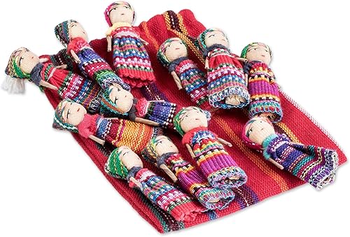 Miniatura 3 de Novica - Muñecas de Guatemala con bolsa de almacenamiento de algodón, 2.5in, "The Worry Doll Gang" (juego de 12)