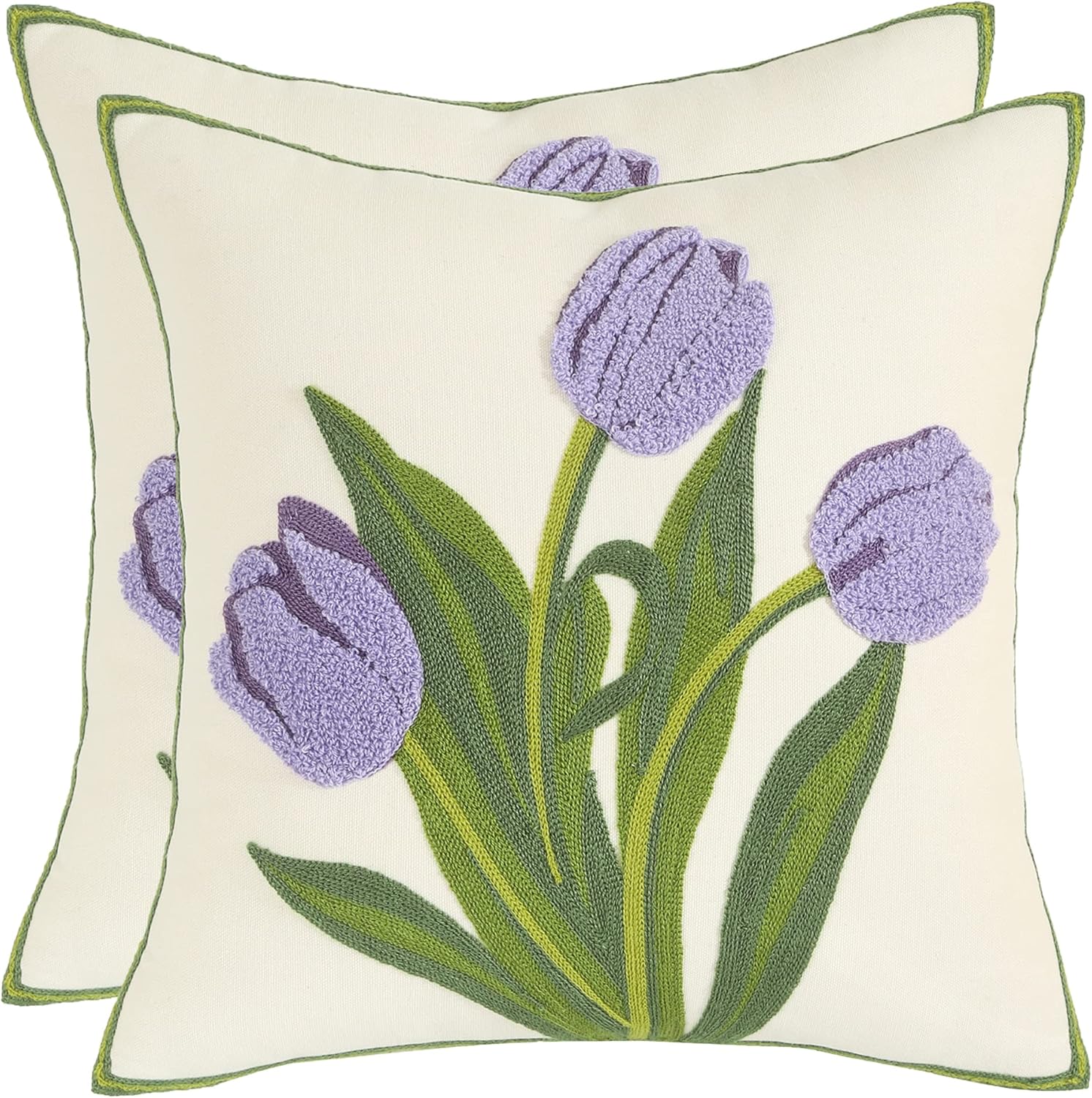 Purple Tulip Flower Pillow Covers 18x18 inch Pack of 2 Embroidery Throw Pillow Covers Spring Summer Pillow Covers for Couch Cotton Canvas Cushion Cover Square Farmhouse Floral Decor Pillow Case