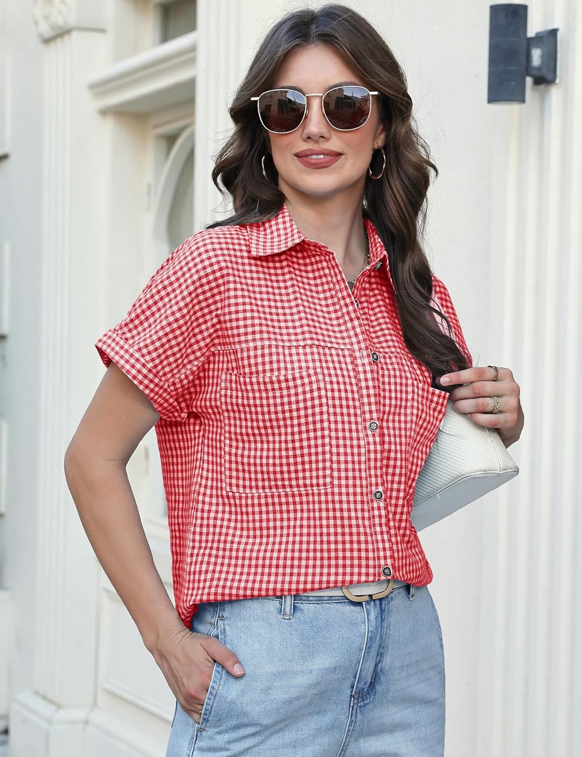 Button Down Shirt for Women Short Sleeve Blouses Dressy Casual Business Work Summer Vacation Tops Hawaii Shirts with Pockets - Image 5