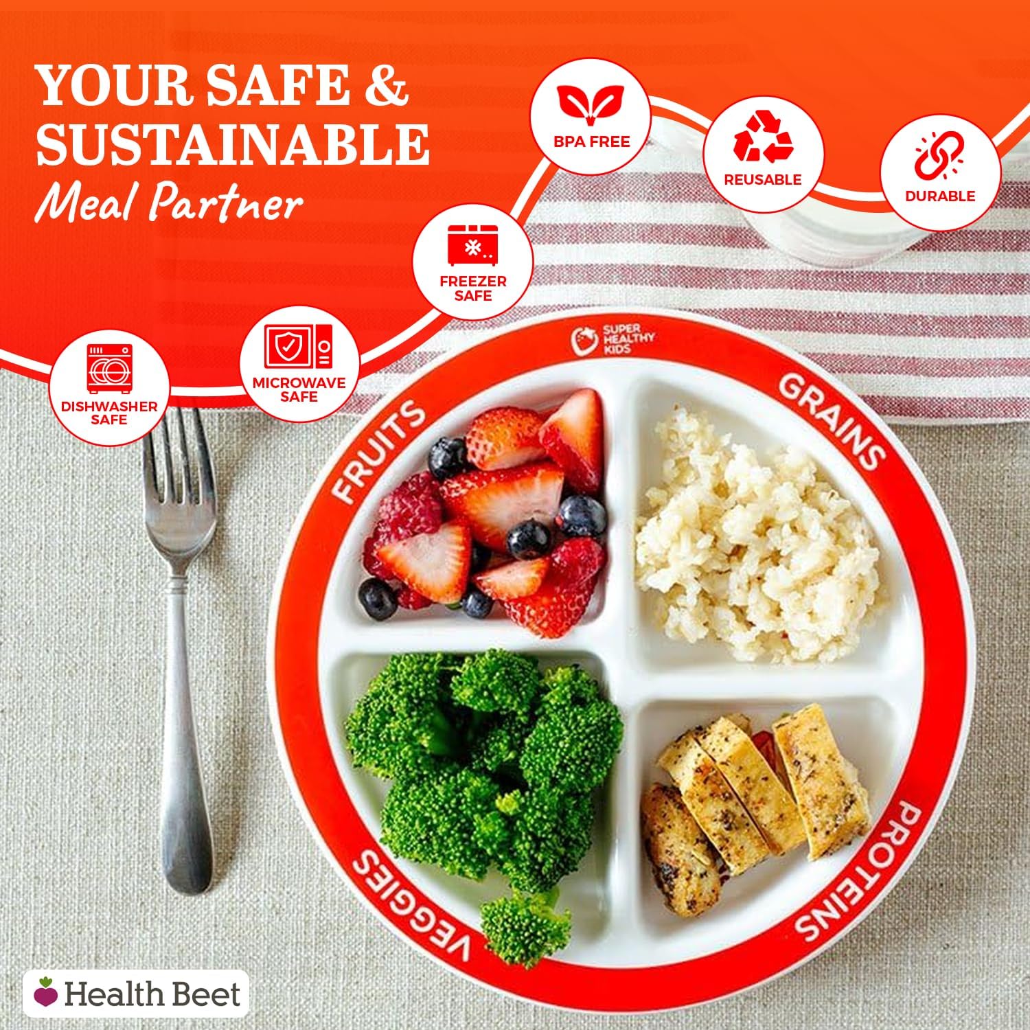 Health Beet MyPlate Portion Control Plate – 4 Divided Sections for Fruit Grains Veggies Proteins - Dishwasher & Microwave Safe Sectioned Plates for Health Education (Set of 48)