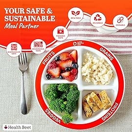 Health Beet MyPlate Portion Control Plate - 4 Divided Sections for Fruit Grains Veggies Proteins - Dishwasher & Microwave Safe Sectioned Plates for Health Education (Set of 4)