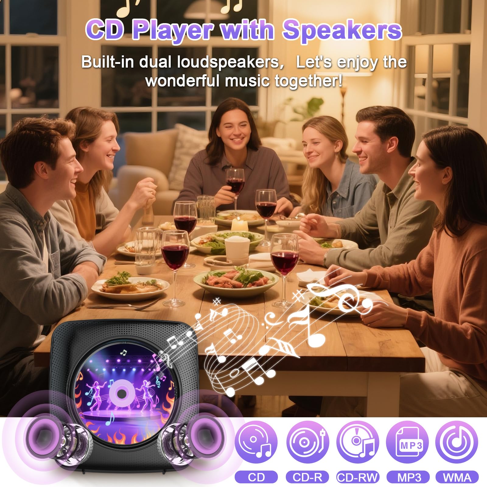 Gueray Lettore CD portatile Hifi Bluetooth con altoparlanti batteria ricaricabile 1800 mAh telecomando radio FM USB AUX Nero