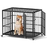 36 Inch Heavy Duty Dog Crate for Medium and Large Dogs with Self-Locking Latch, Escape-Proof Steel Dog Kennel Indoor, Double Door Metal Pet Cage with Wheels and Removable Floor
