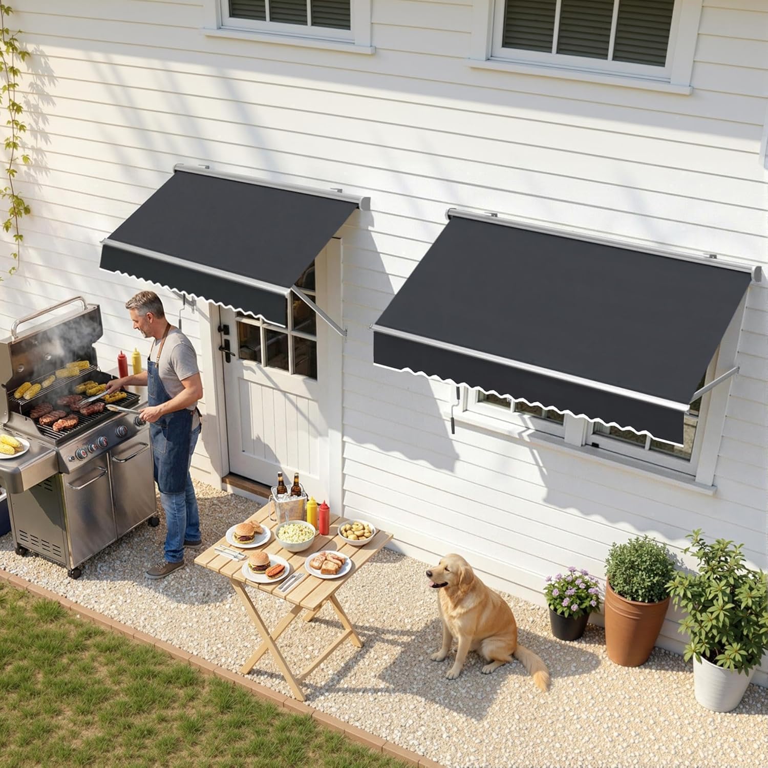 Macrout 48" Patio Window Awning for Door Entrance, Aluminum Fully Assembled Manual Retractable Sunshade Canopy, WA412 (Dark Grey, 48")