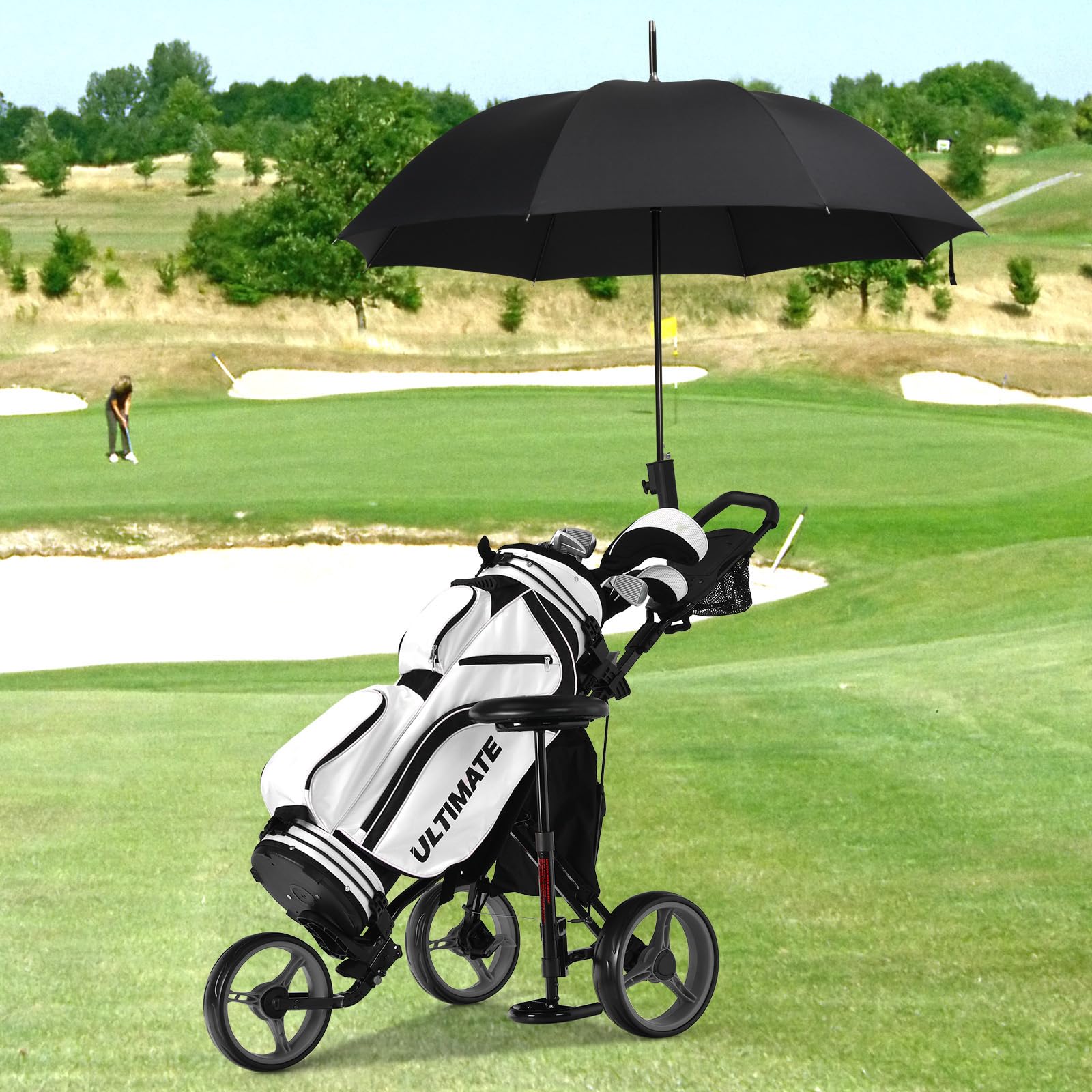GYMAX Carro de Golf Plegable 3 Ruedas con Altura Ajustable y Portabebidas