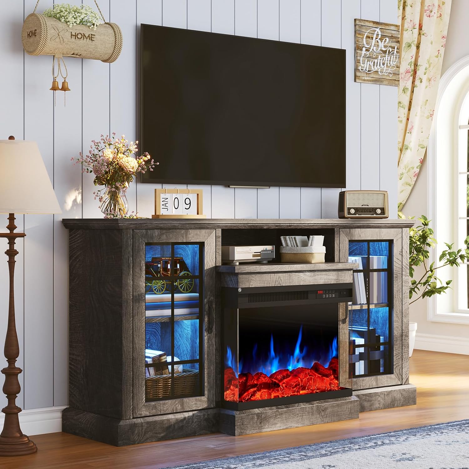 59'' Fireplace TV Stand, 3 Sided Glass Media Entertainment Center Console Table for TVs up to 65'' with Glass Door, Adjustable Flame LED Color for Living Room, Gray