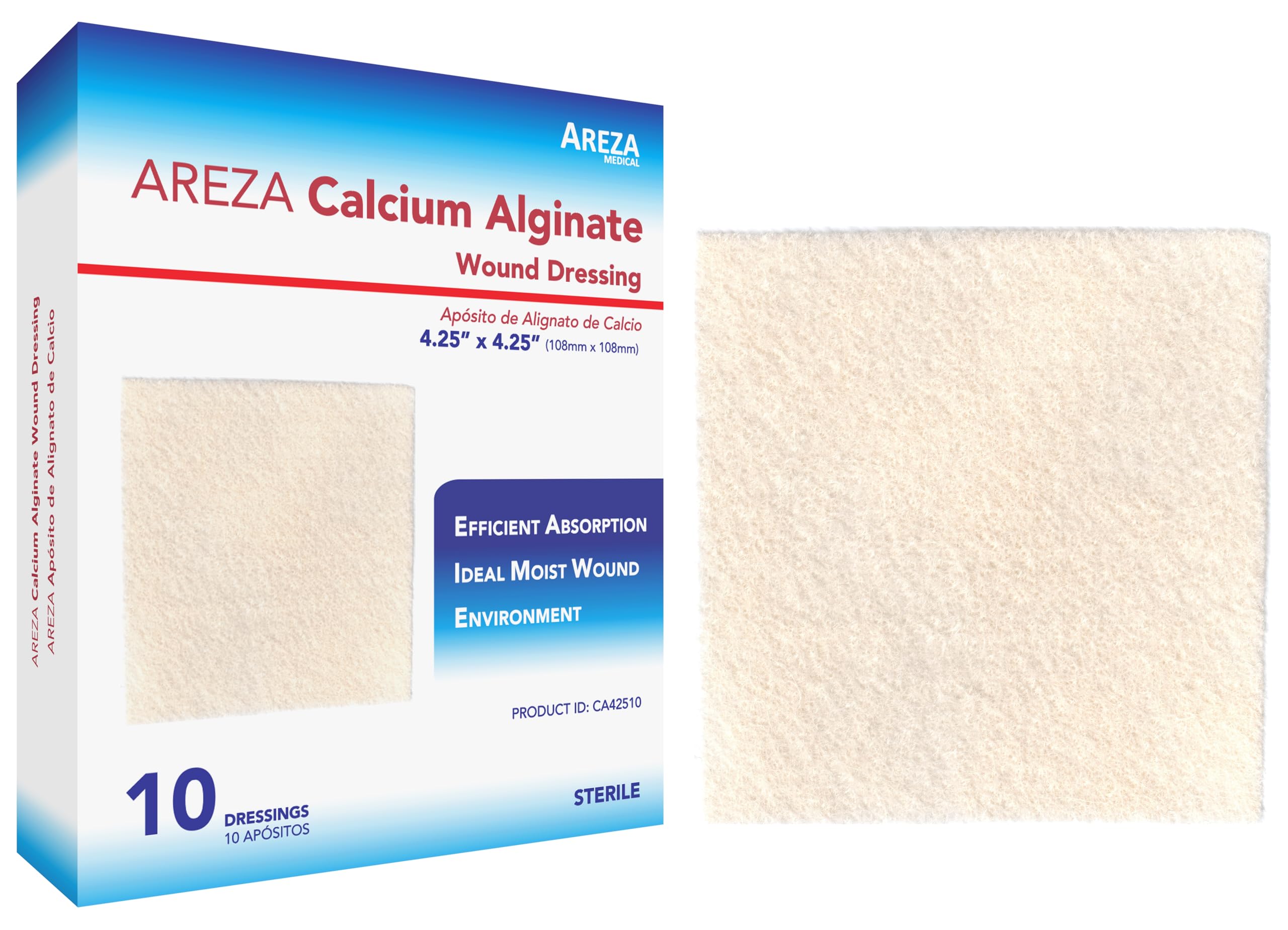 Areza Medical - Calcium Alginate - Wound Dressing Pads - Sterile - 4.25" X 4.25" (10.8 cm X 10.8 cm) - 10 PCS per Box