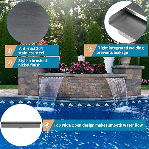Miniatura 4 de Fuente de piscina de acero inoxidable 304 con conector, derrame de agua rectangular de 12 pulgadas para piscina, jardín, estanque al aire libre, spa