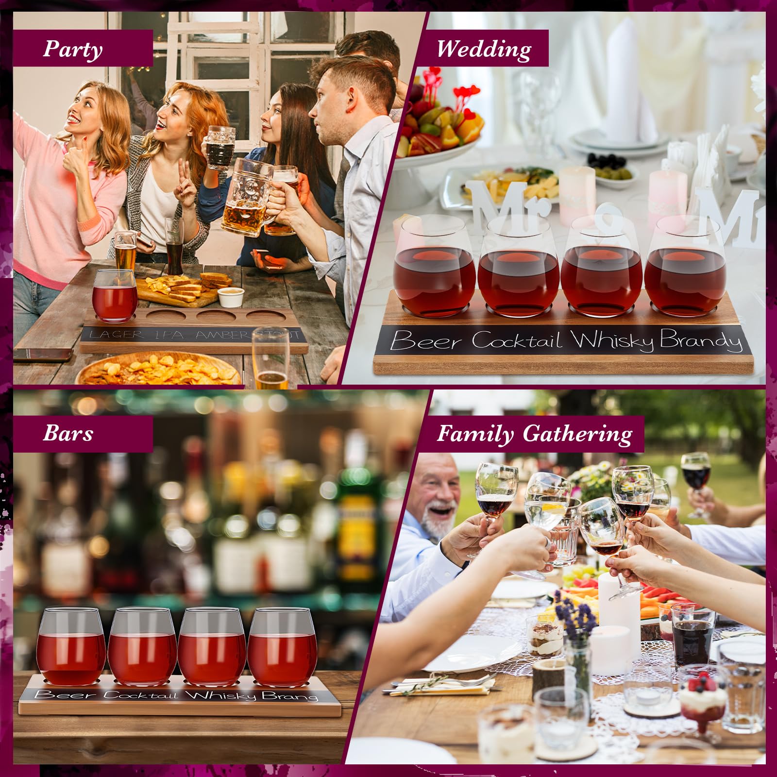 Marsui Set da 7 pezzi per degustazione di vino, include 1 tavola da whisky in legno, 4 bicchieri da volo, 2 gessetti in pietra ollare per birra, cocktail, caffè, forniture per feste di degustazione di