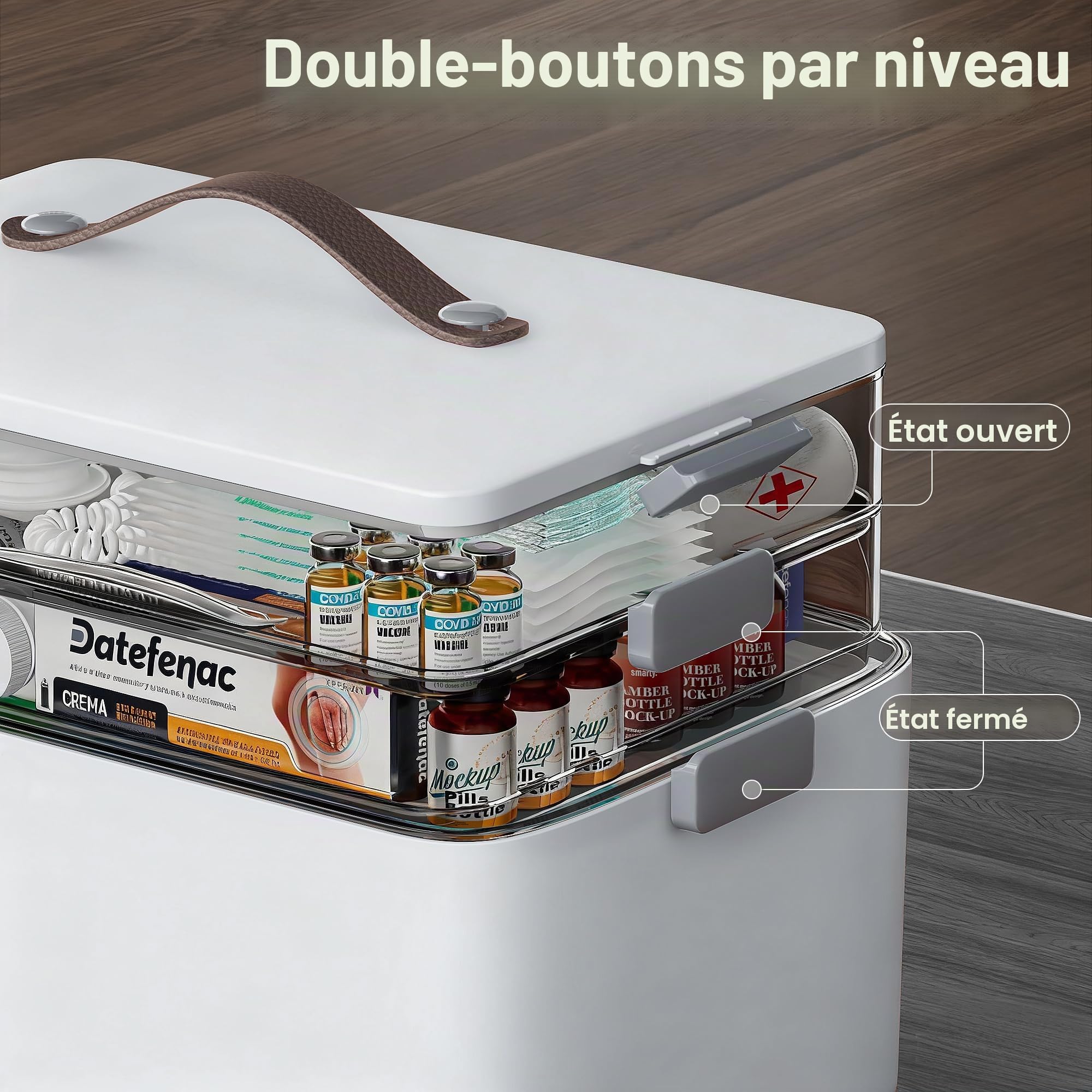 CTIME Boîte à pharmacie à 3 étages - Portable avec anse en cuir, idéale pour la maison et les voyages