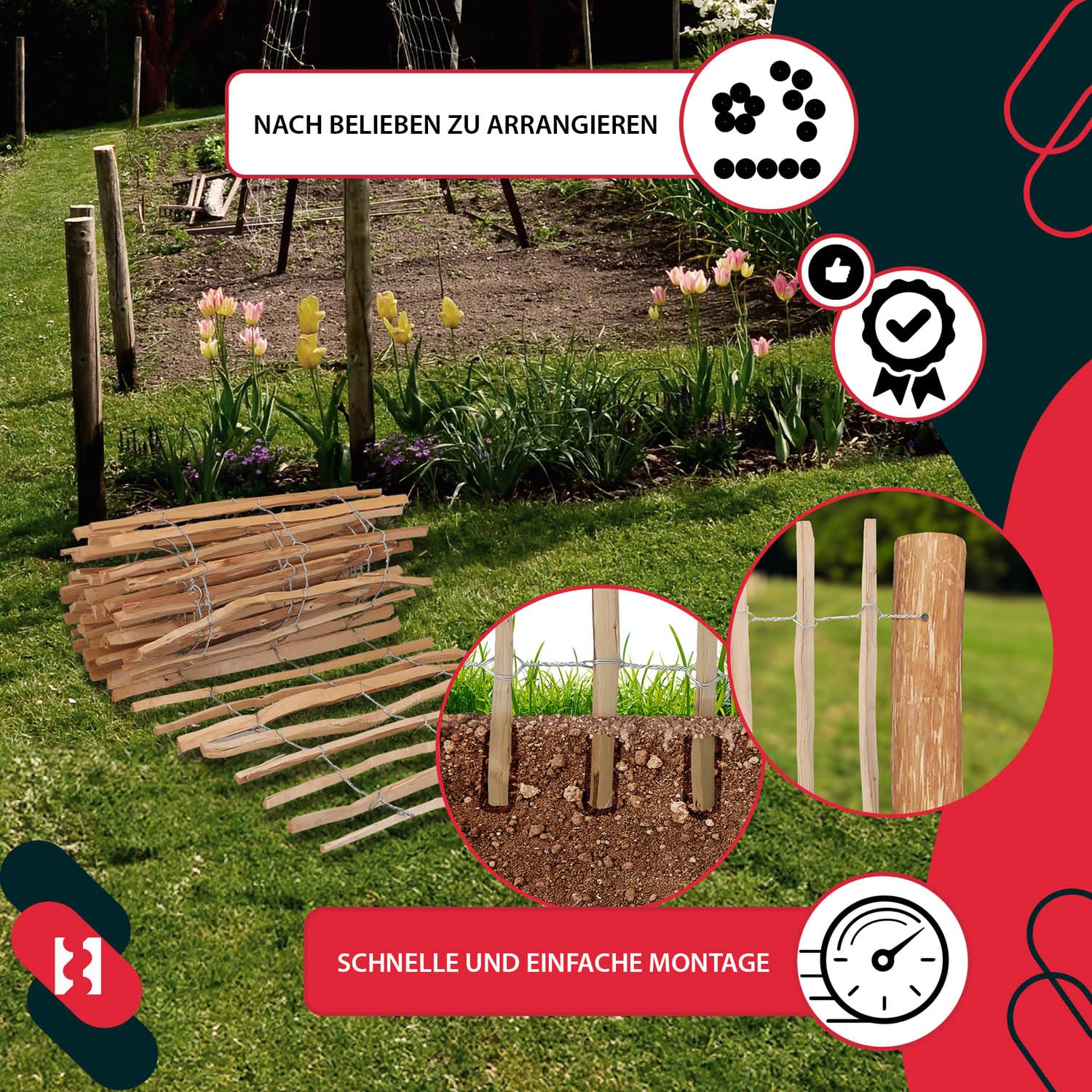 KOTARBAU® Valla de estacas de madera, 0,8 m x 5 m, Madera de avellano natural, Vallado enrollable, Valla de listones de madera unida con alambre, Valla para crear una barrera en jardín