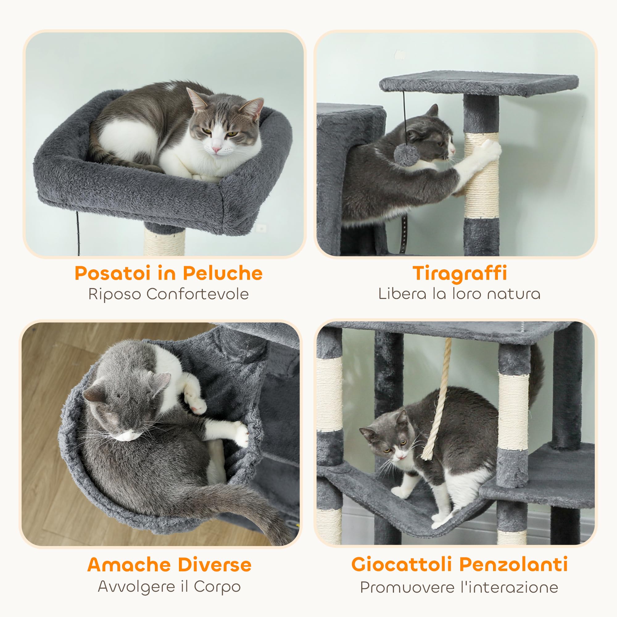 PawHut Tiragraffi per Gatti Alto 202 cm con 6 Pali Graffiatoi Grigio Scuro | Albero per Gatti, 2 Grotte, 2 Cucce, Amaca, 3 Pompon, Piattaforma e Corda, Torre per Gattini, Peluche, Per Gatti Adulti