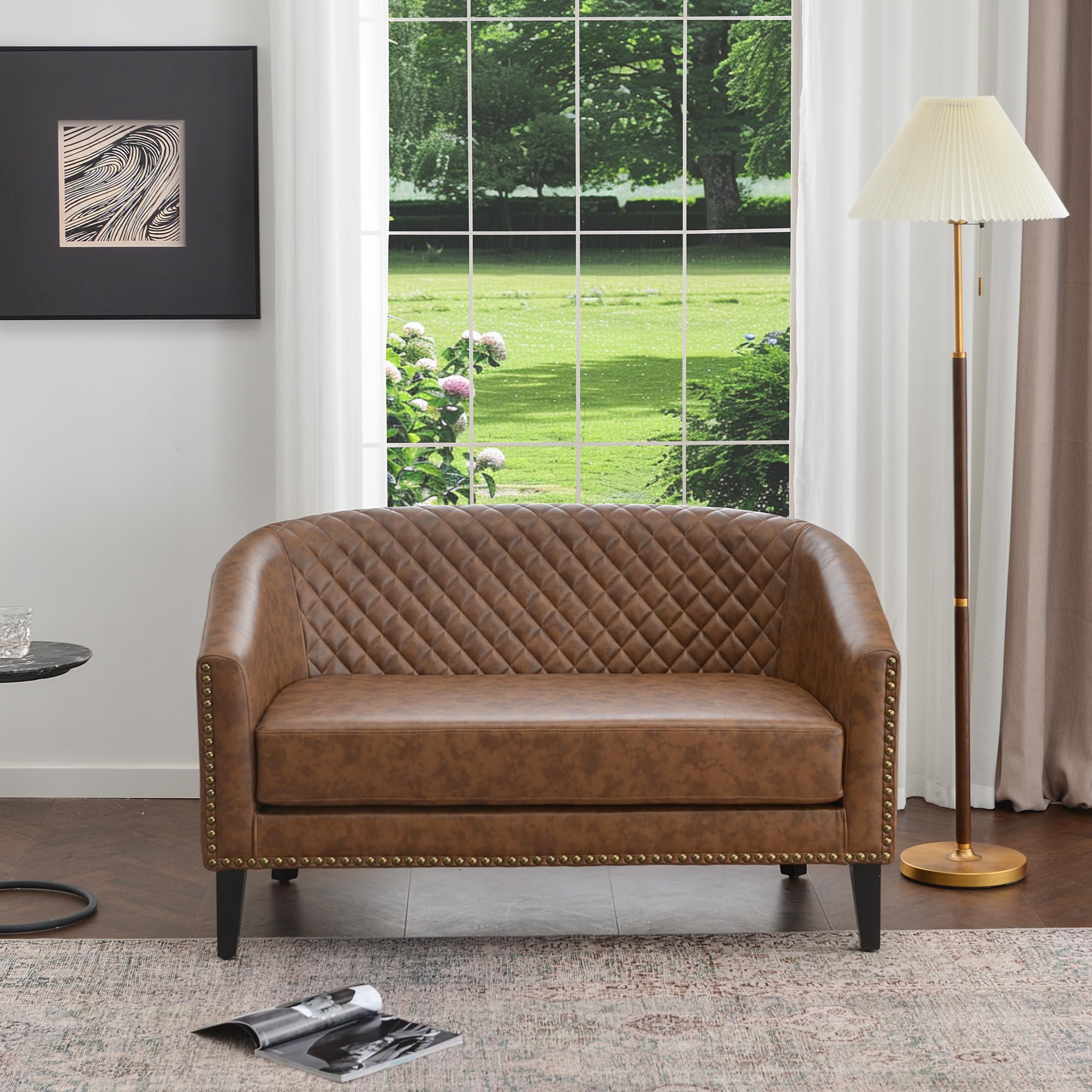 KINWELL 50 Faux Leather Small Barrel Love Seat Settee Diamond Tufted Back Compact Loveseat Sofa with Nailhead Trim