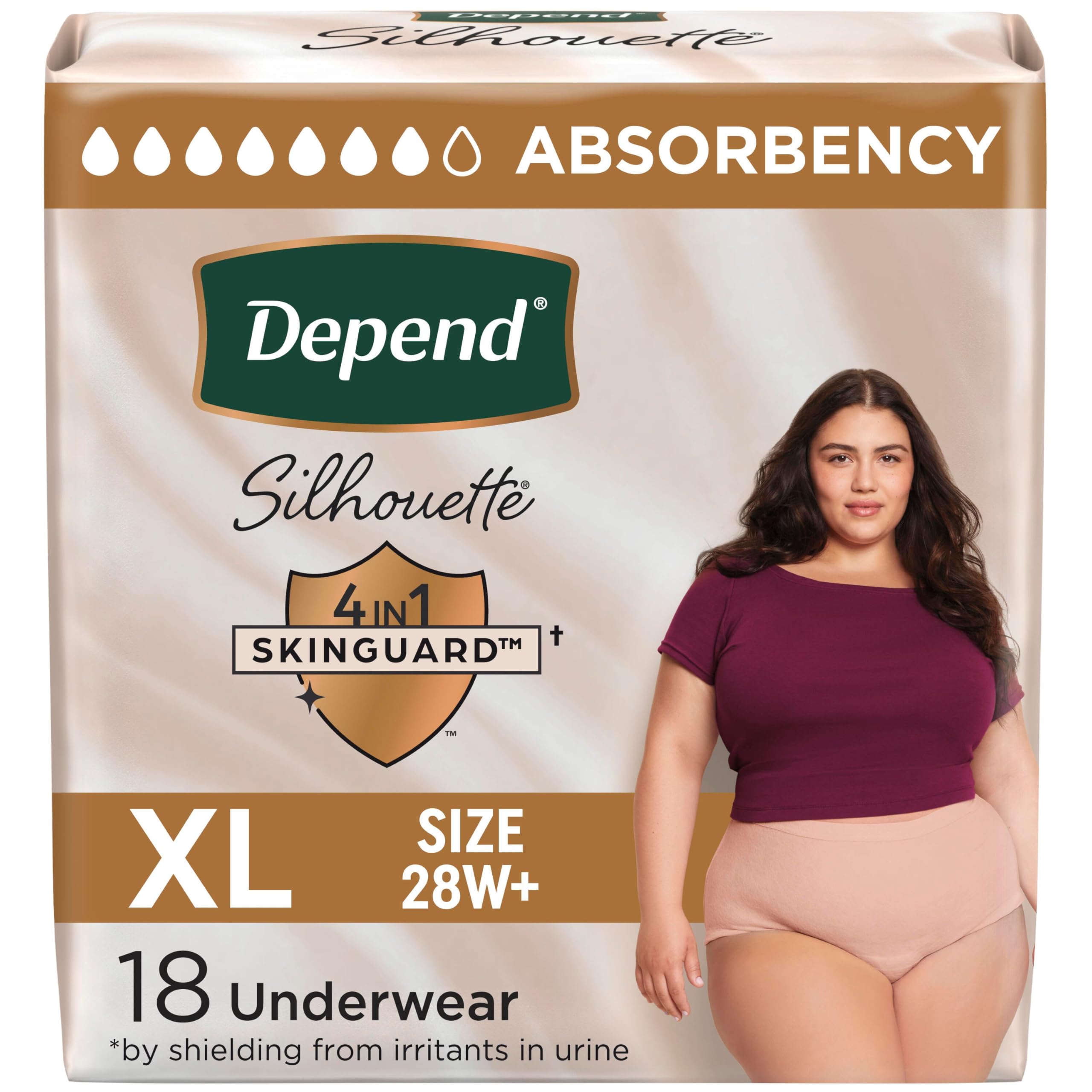 Depend Silhouette Adult Diapers, Incontinence &amp; Postpartum Bladder Leak Underwear for Women, Maximum Absorbency, Extra Large, Pink, 18 Count, Packaging May Vary