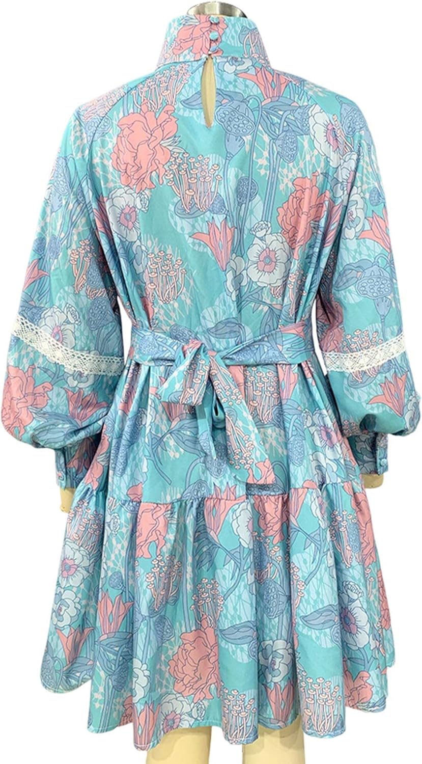 xxxiticat Women's Floral Print Ruffle Dress Long Lantern Sleeve High Neck Button Down Flared Lace Up Bandage Mini Dress - Image 5