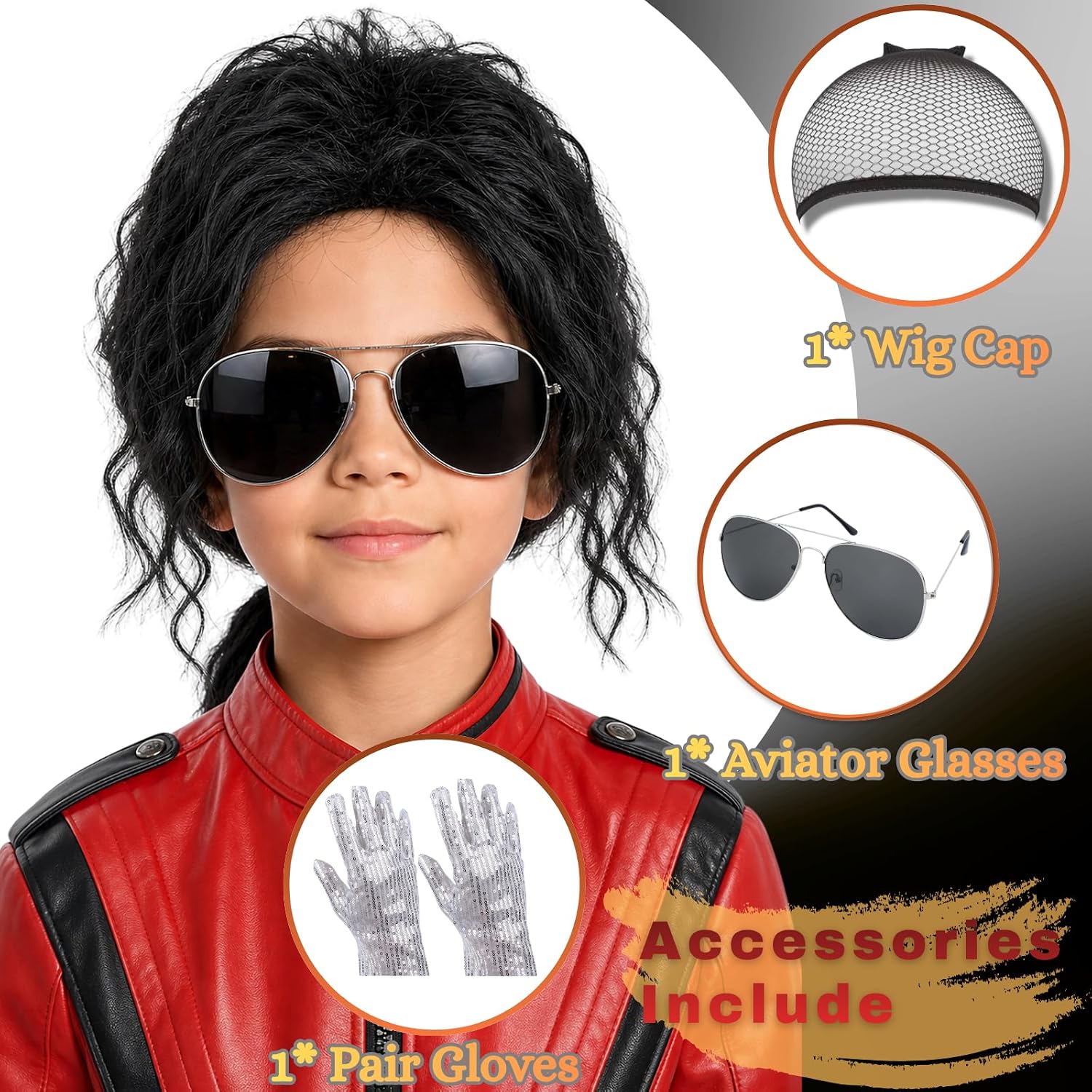 Kids Black Ponytail Wig with Glasses & Gloves for 80s Disco Rock Costume