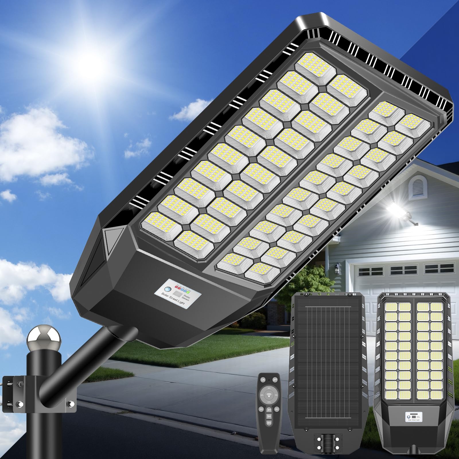 2600W Lampione Solare LED Esterno 1440 PRO LED Luminosi Lampioni Solari a Led da Esterno Alta Efficienza 30%, 4 modalità Lampione Solare grandangolo 240° Impermeabilità IP66, per Garage Strada